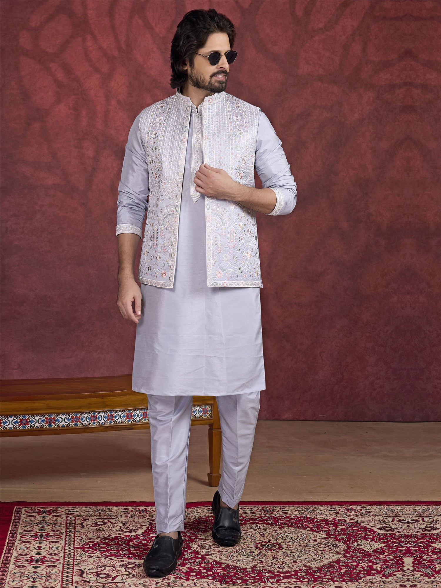 lavender Purple Silk Kurta Set With Embroidered Jacket