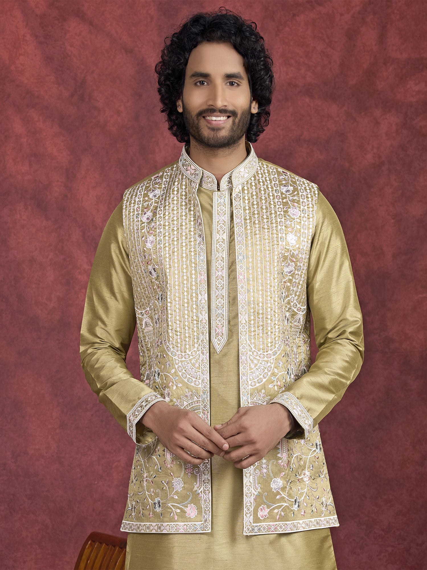 Green Festive Kurta Set With Jacket For Mens