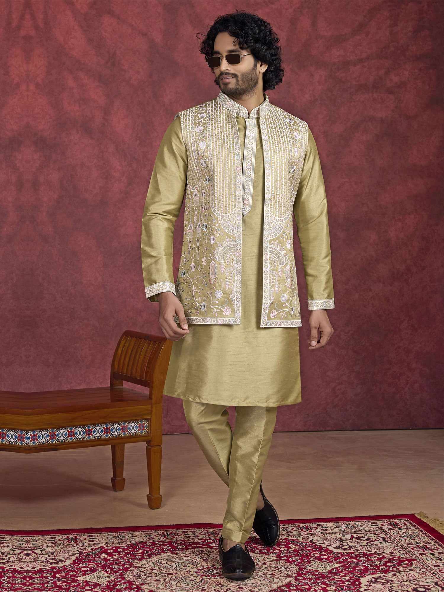 Green Festive Kurta Set With Jacket For Mens