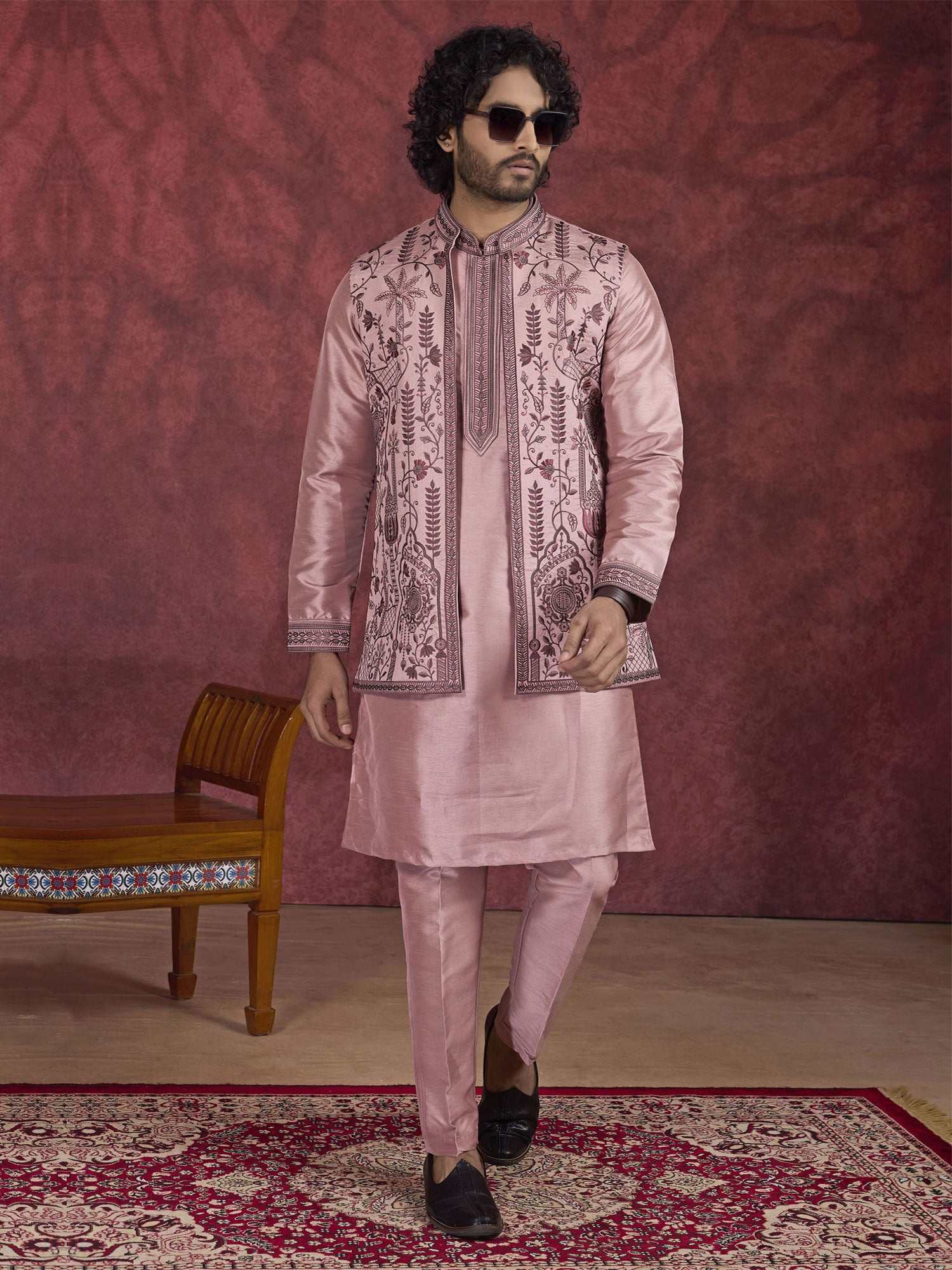 Blush Pink Men's Readymade Kurta Set With Jacket