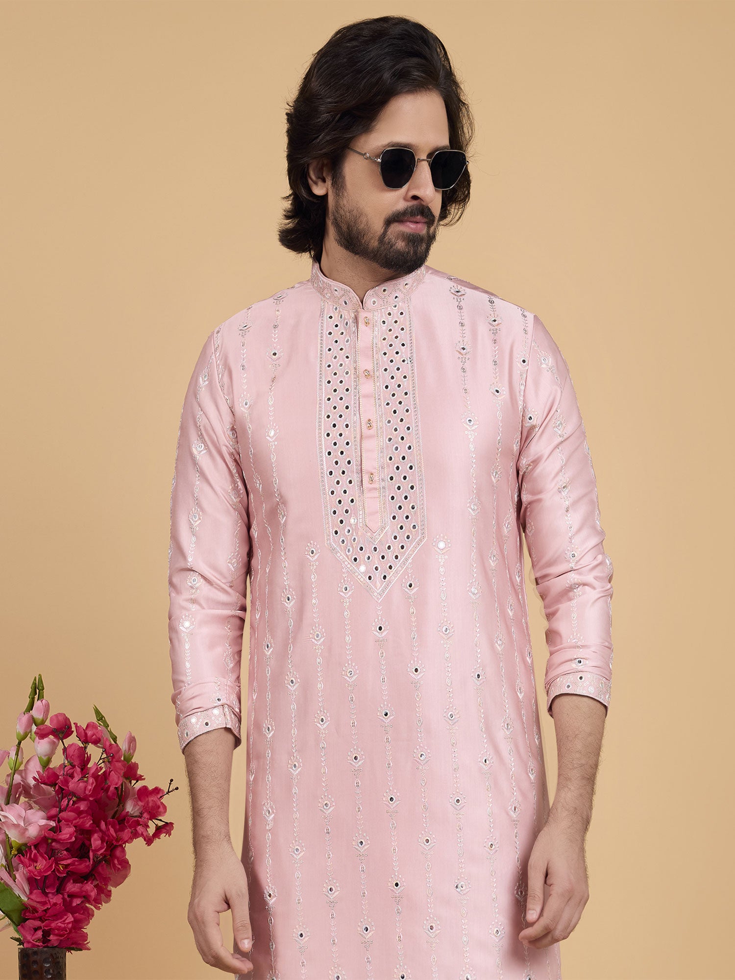 Light Pink Art Silk Men's Readymade Kurta Pyjama