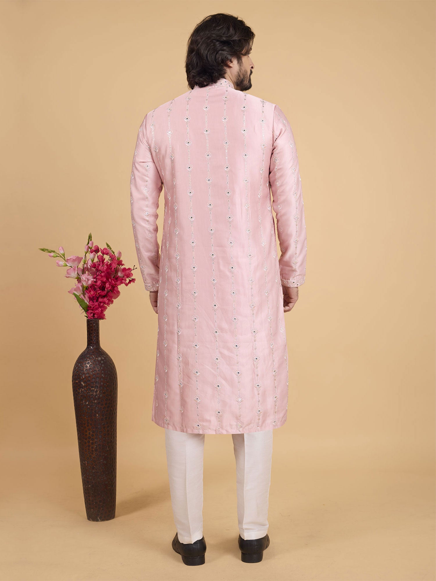 Light Pink Art Silk Men's Readymade Kurta Pyjama