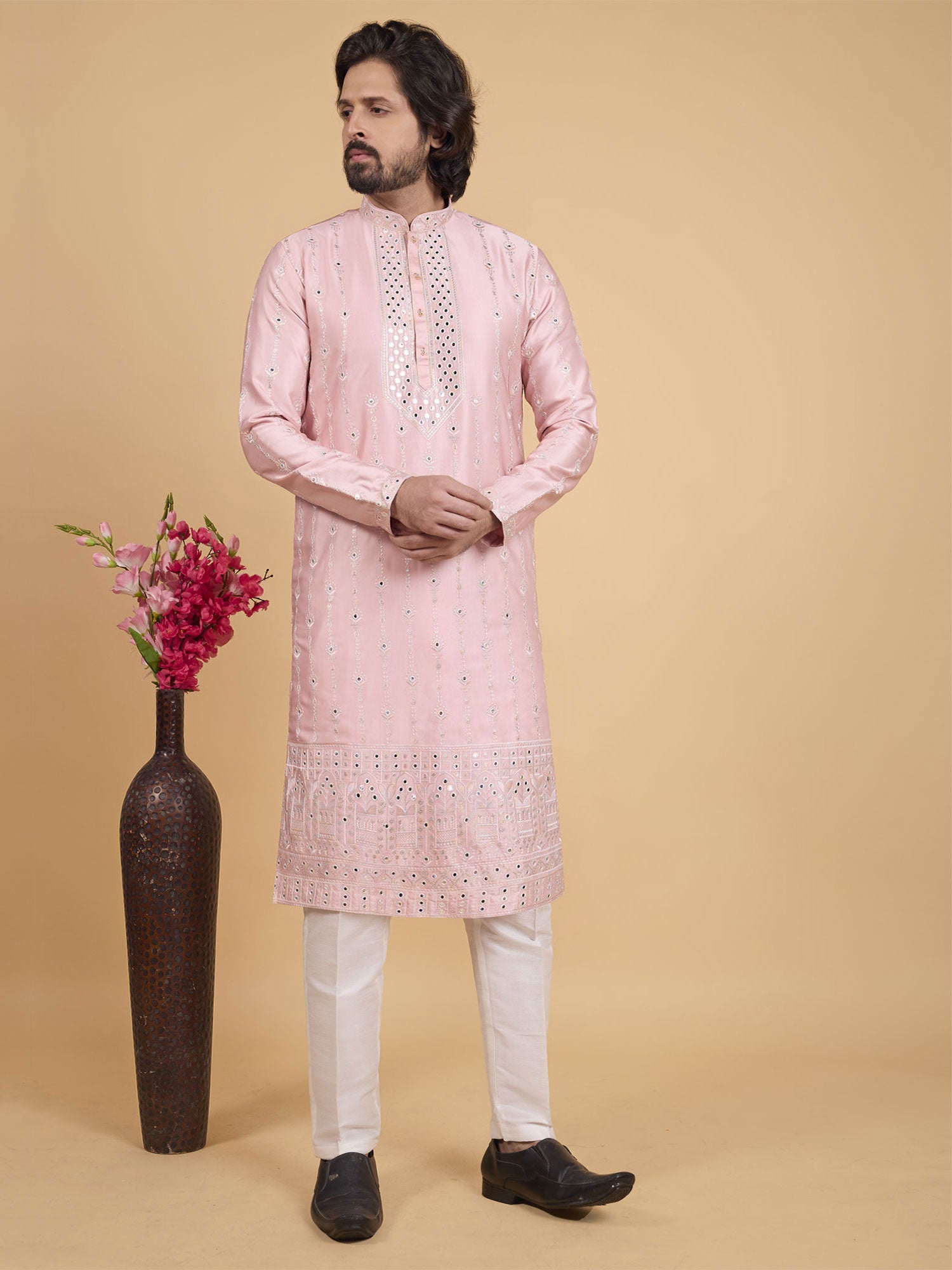 Light Pink Art Silk Men's Readymade Kurta Pyjama