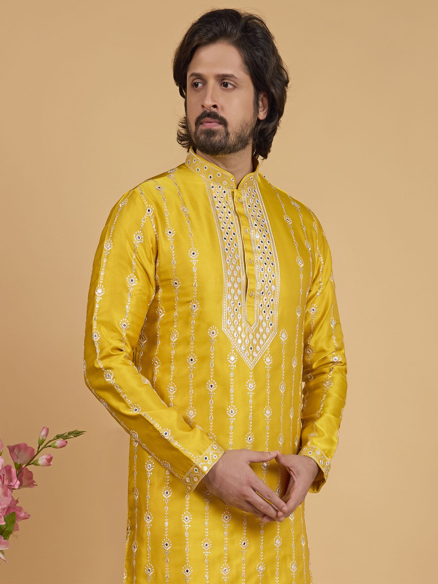 Honey Yellow Readymade Silk Kurta Set For Mens