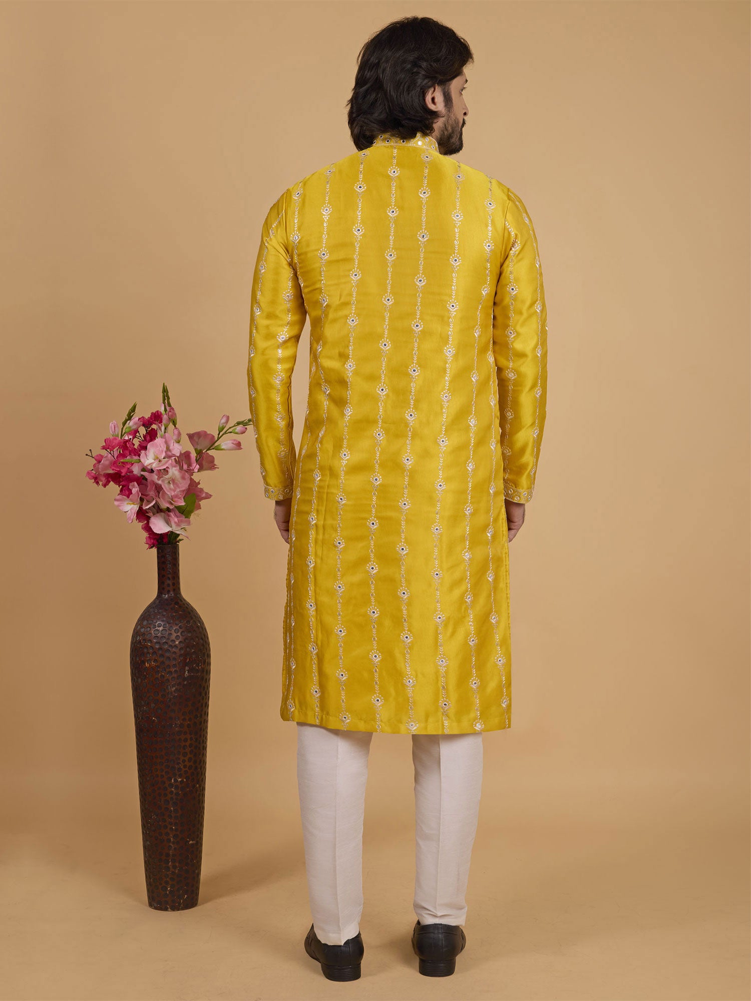 Honey Yellow Readymade Silk Kurta Set For Mens