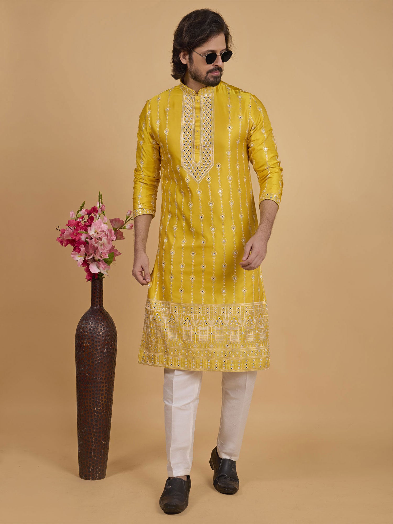 Honey Yellow Readymade Silk Kurta Set For Mens