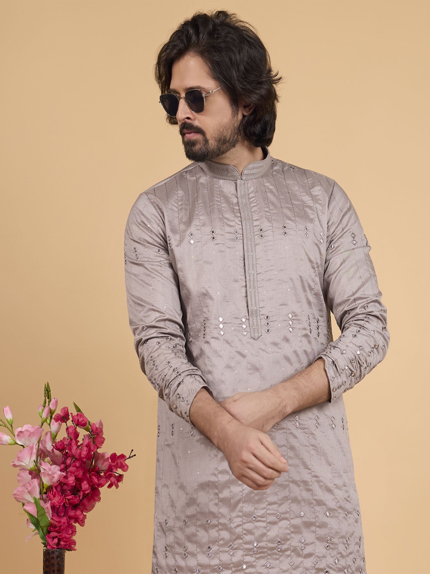 Brown Sequins Work Embroidered Kurta Set