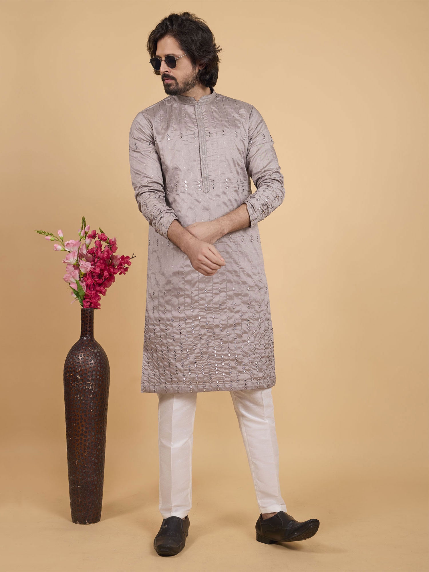 Brown Sequins Work Embroidered Kurta Set