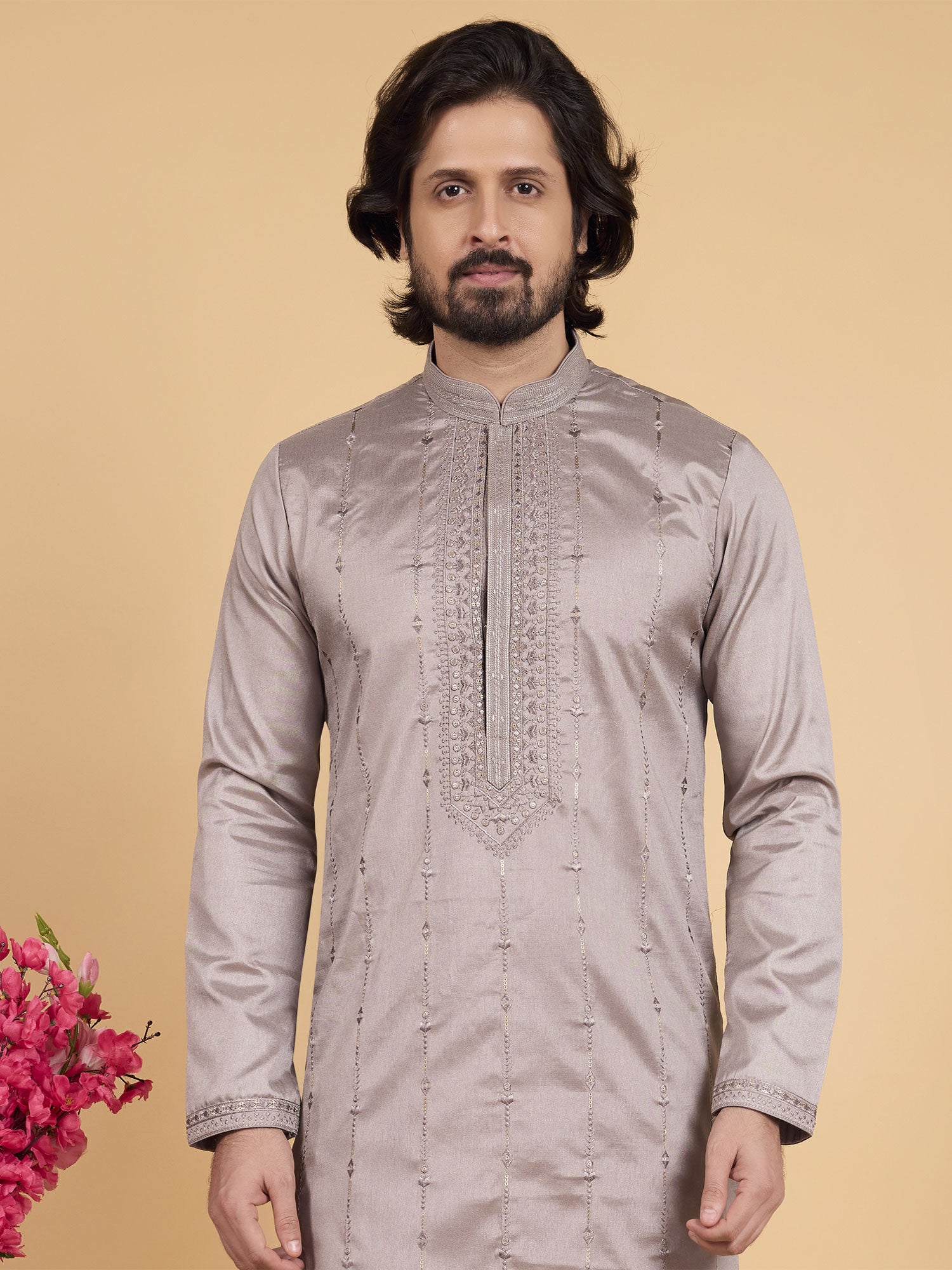 Brown Floral Thread Embellished Silk Kurta Set