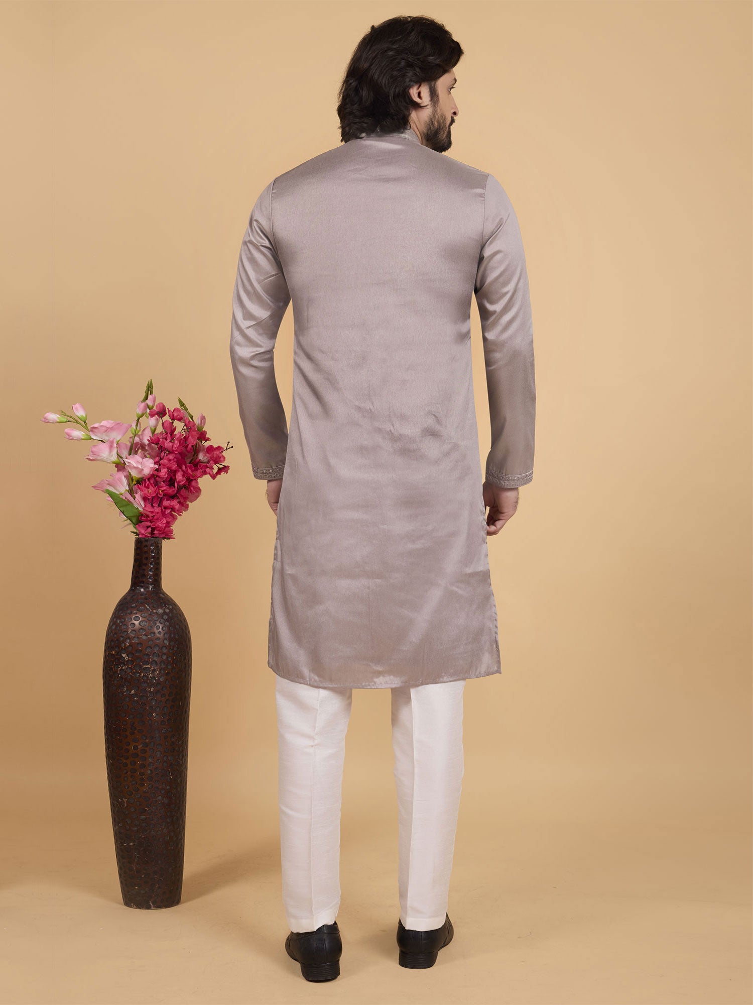 Brown Floral Thread Embellished Silk Kurta Set
