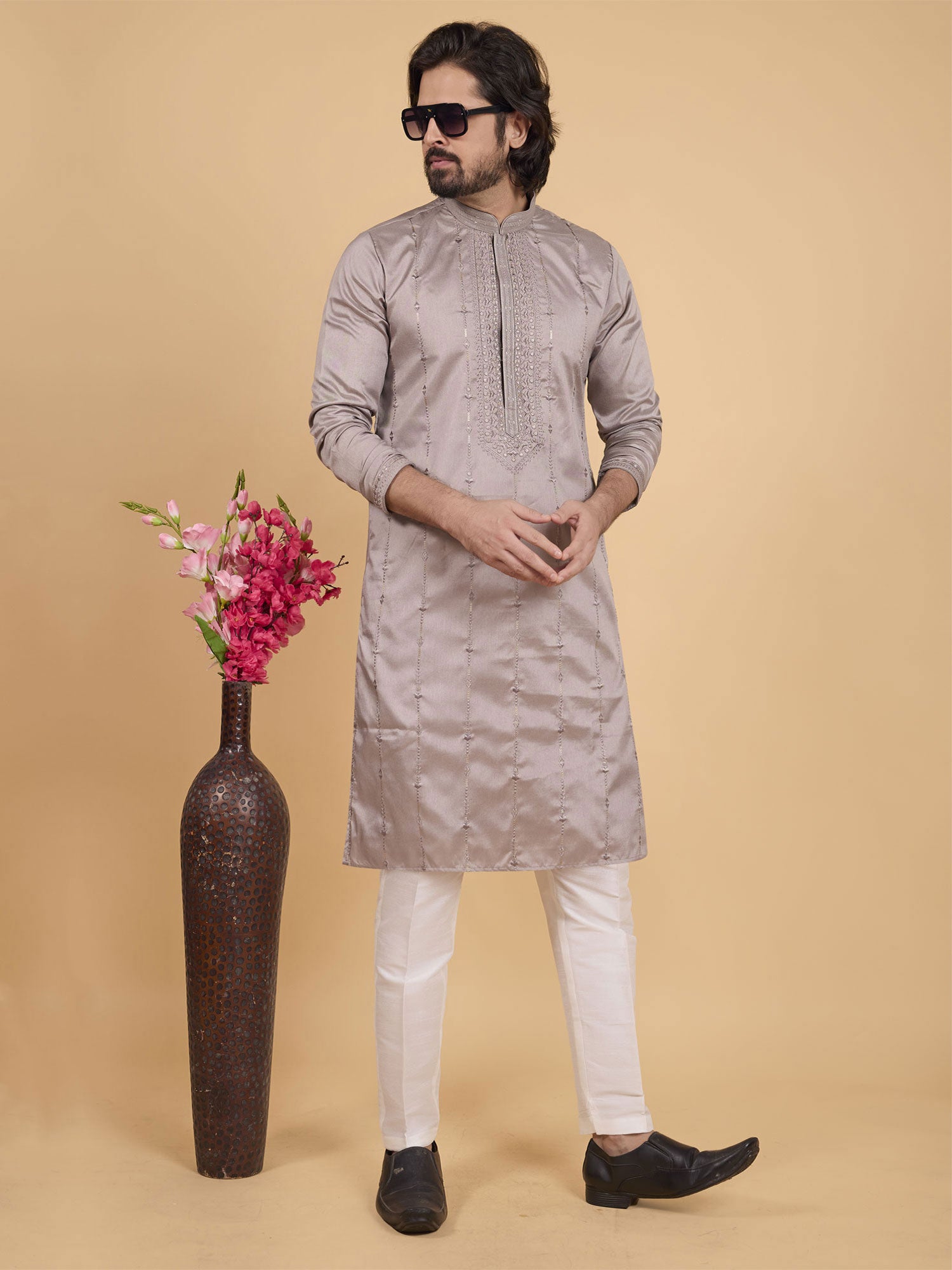 Brown Floral Thread Embellished Silk Kurta Set