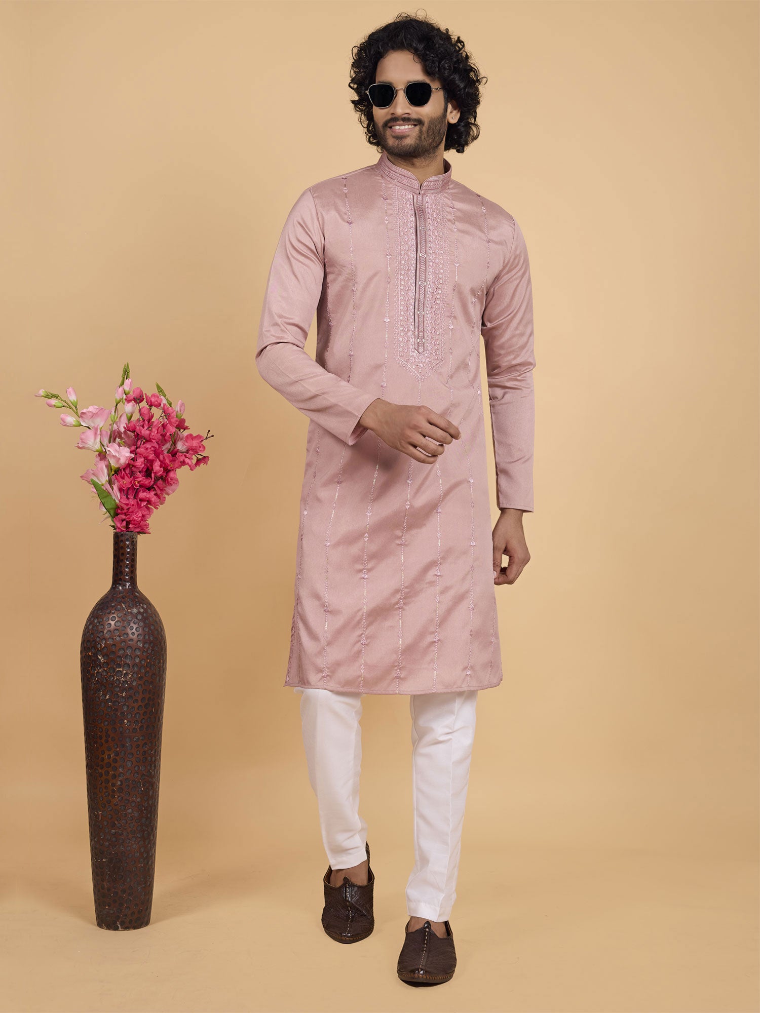 Pink Party Wear Men's Kurta Pyjama In Art Silk