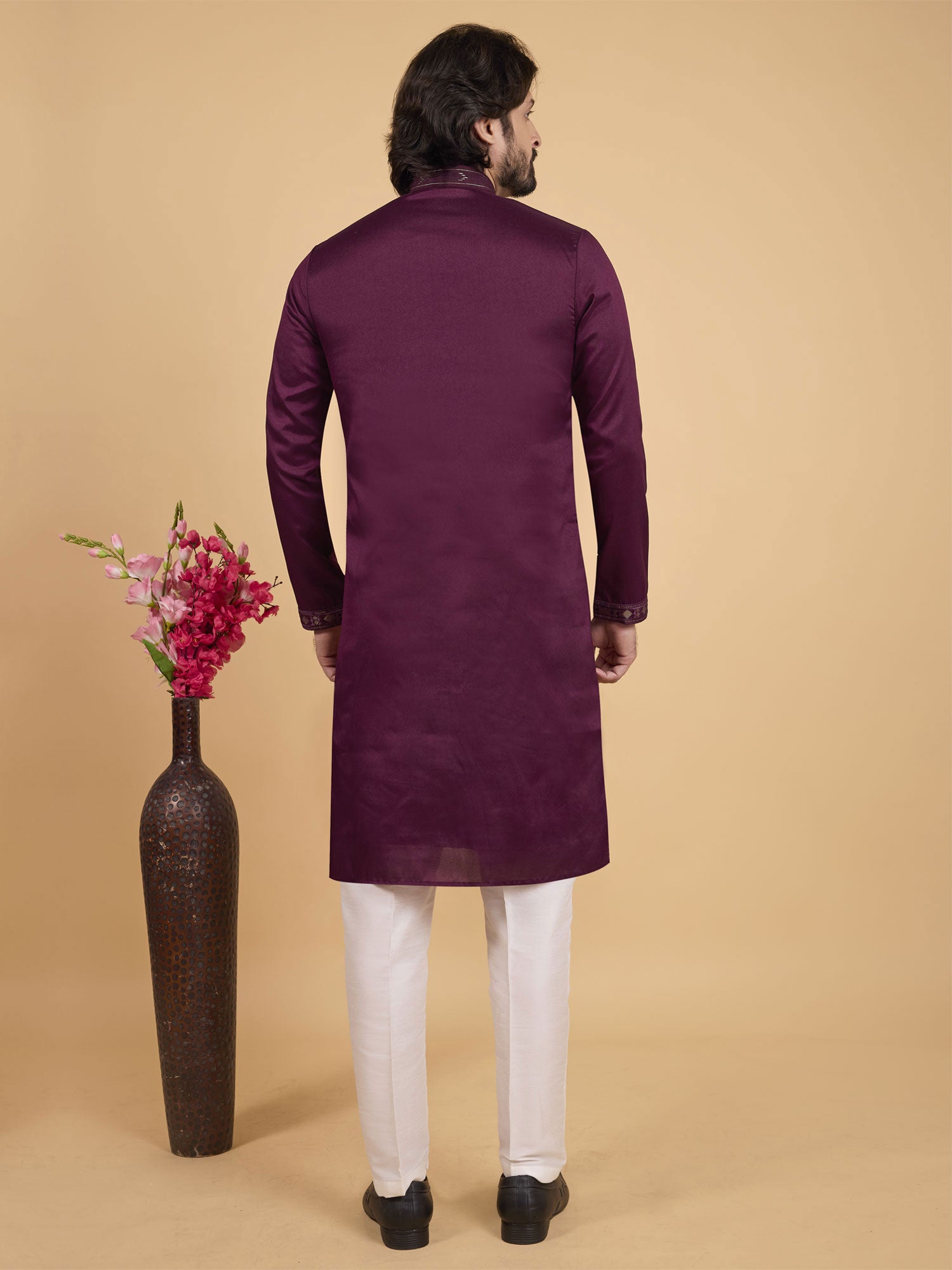Wine Men's Art Silk Kurta Set In Sequins Work