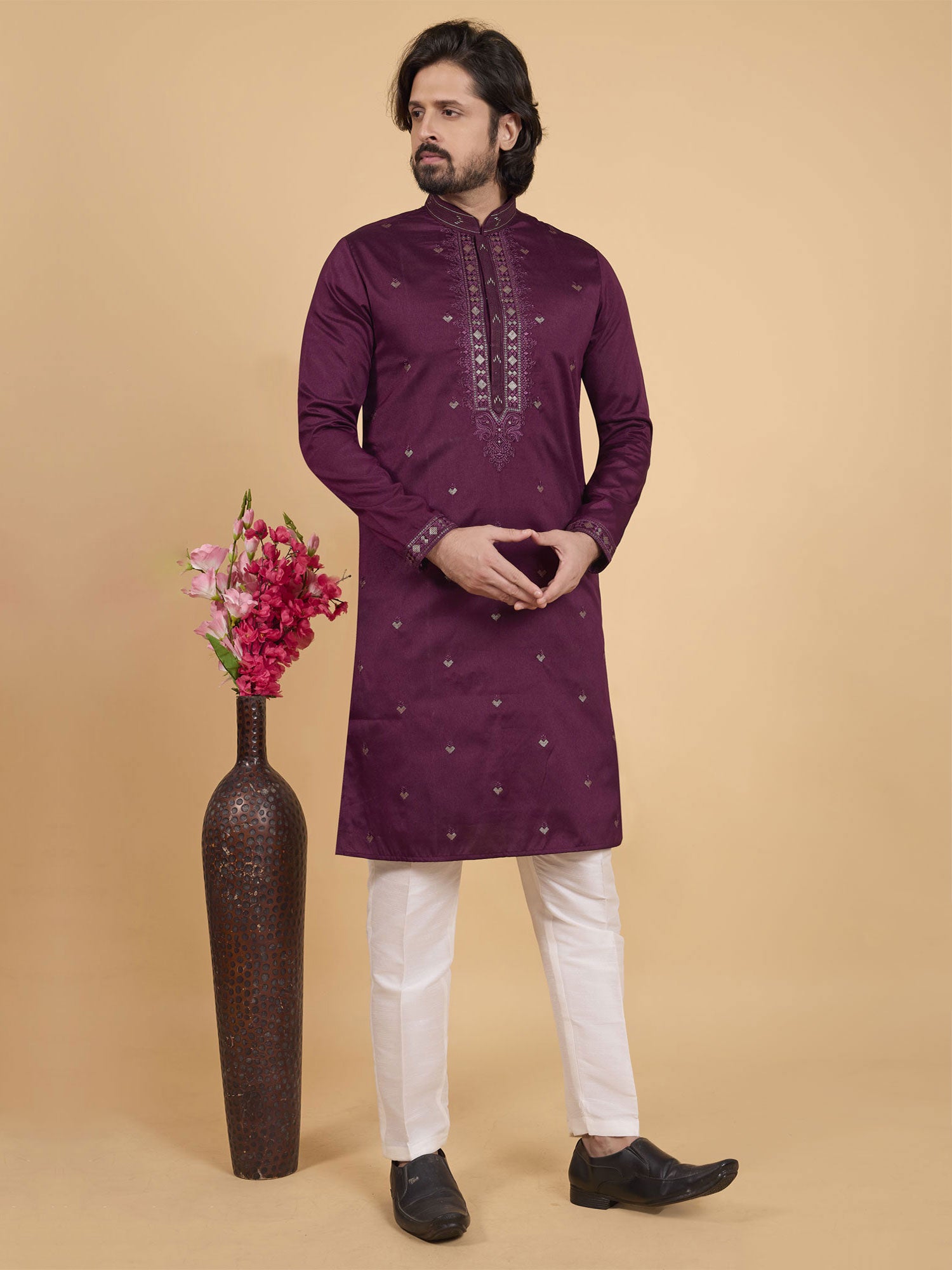 Wine Men's Art Silk Kurta Set In Sequins Work
