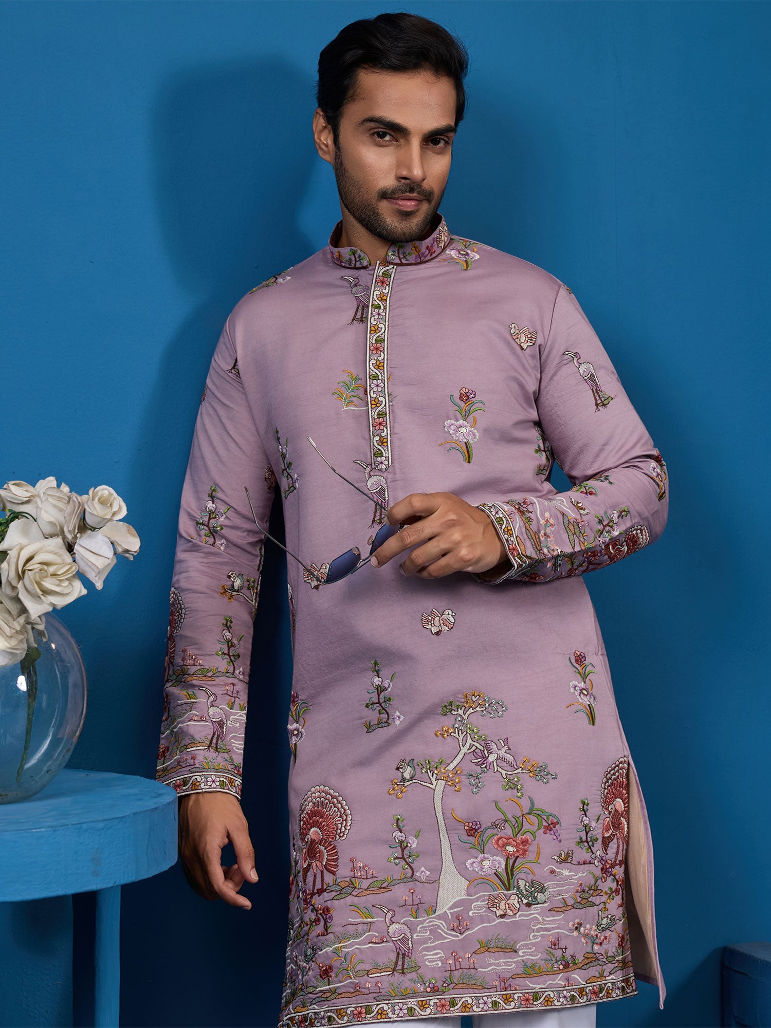 Lilac Floral Thread Augmented Men's Kurta Pyjama
