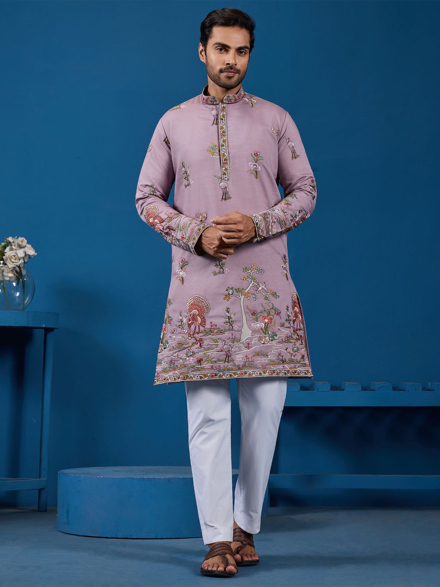 Lilac Floral Thread Augmented Men's Kurta Pyjama