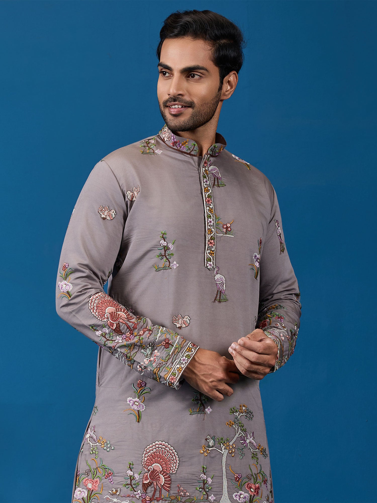 Grey Heavy Embroidered Silk Kurta Set For Mens