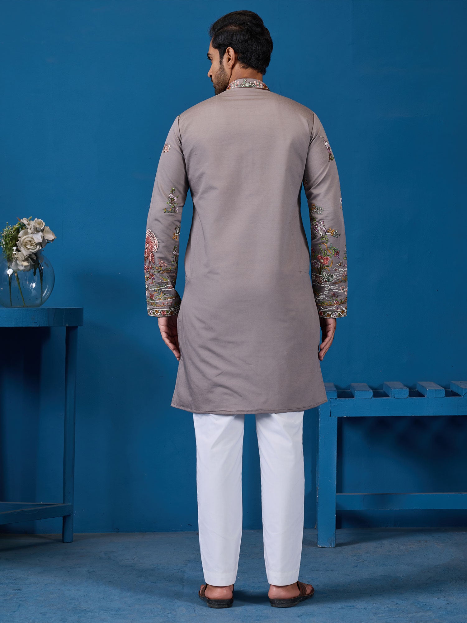 Grey Heavy Embroidered Silk Kurta Set For Mens