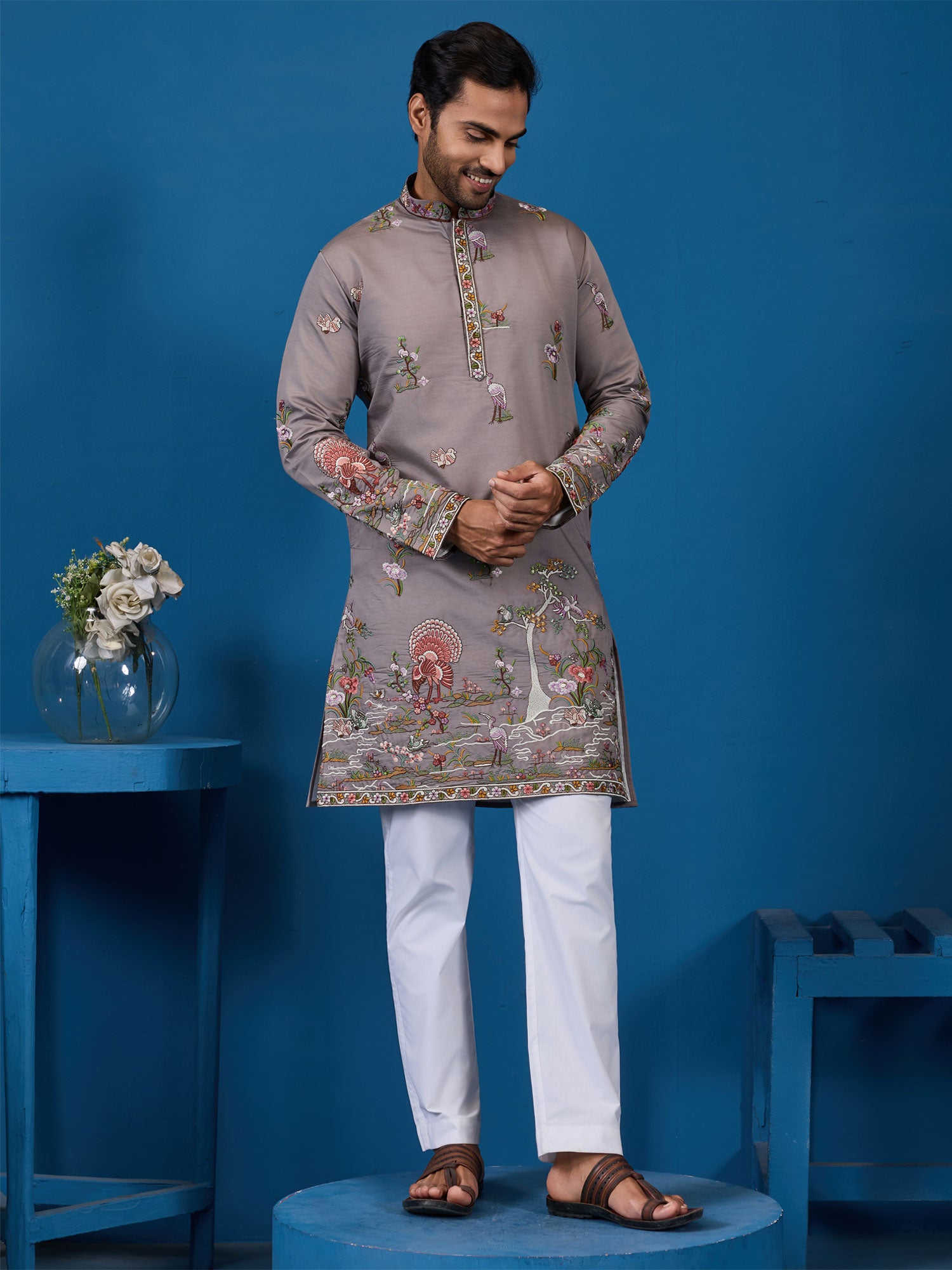 Grey Heavy Embroidered Silk Kurta Set For Mens