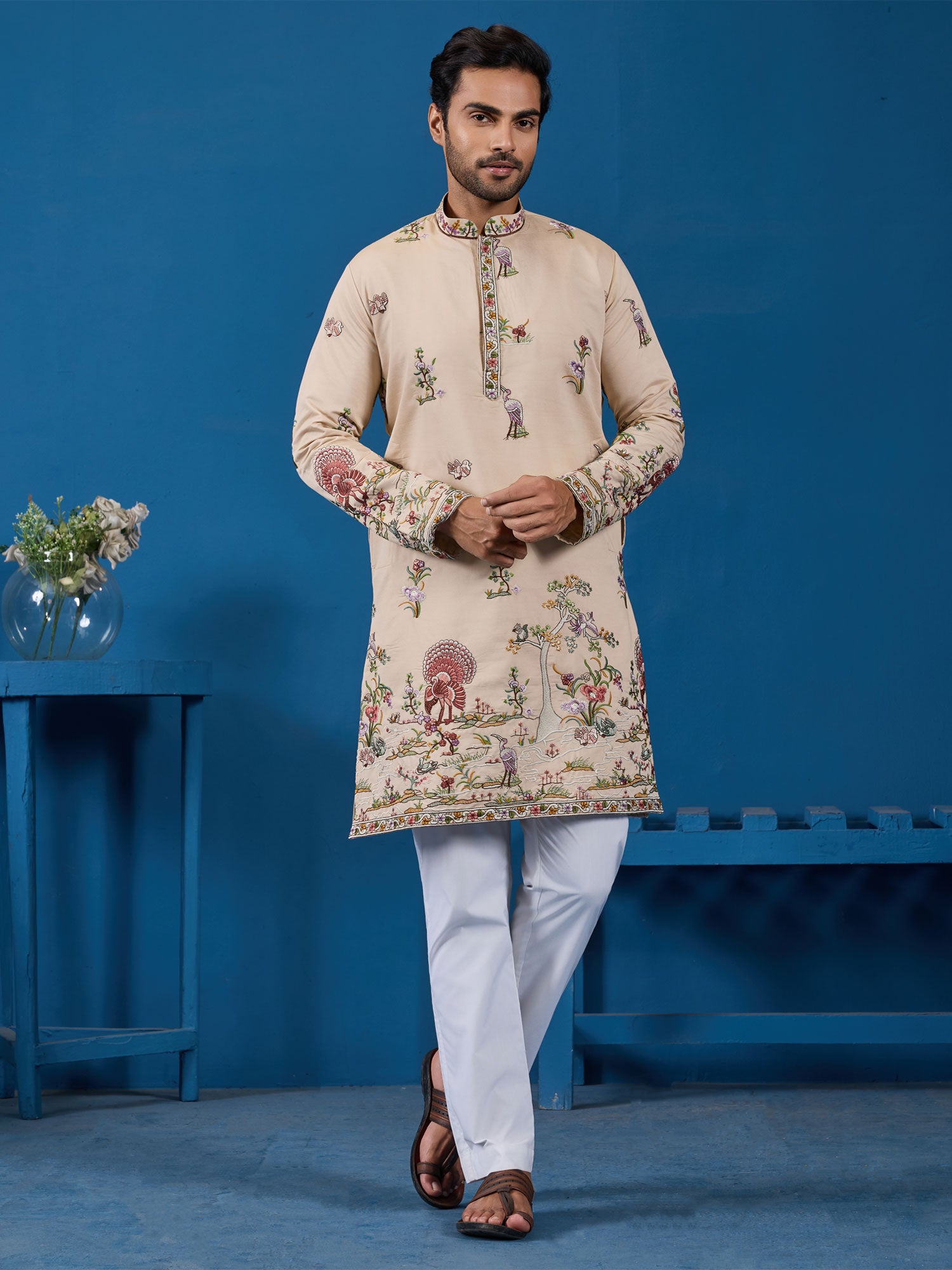 Ivory Cream Readymade Kurta Set In Viscose Silk