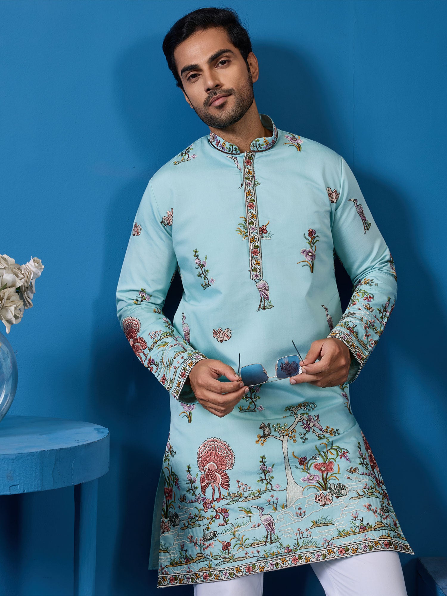 Sky Blue Silk Kurta Set Thread Work Embroidery