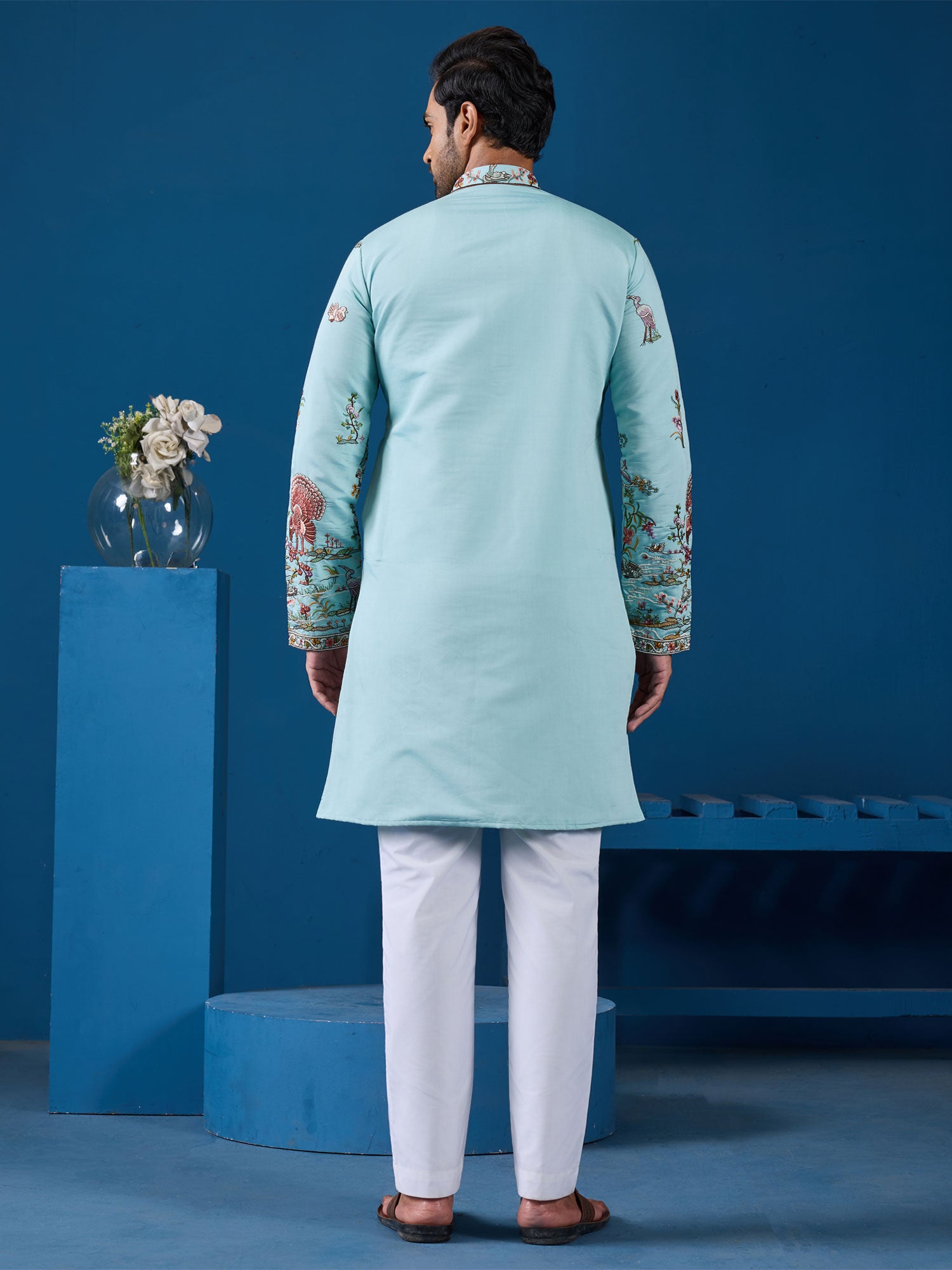 Sky Blue Silk Kurta Set Thread Work Embroidery
