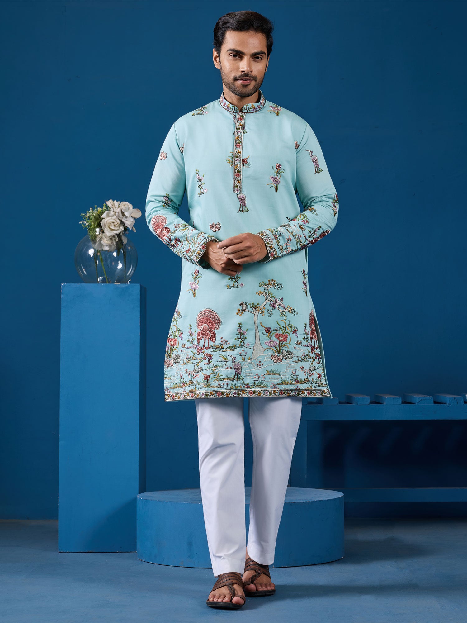 Sky Blue Silk Kurta Set Thread Work Embroidery