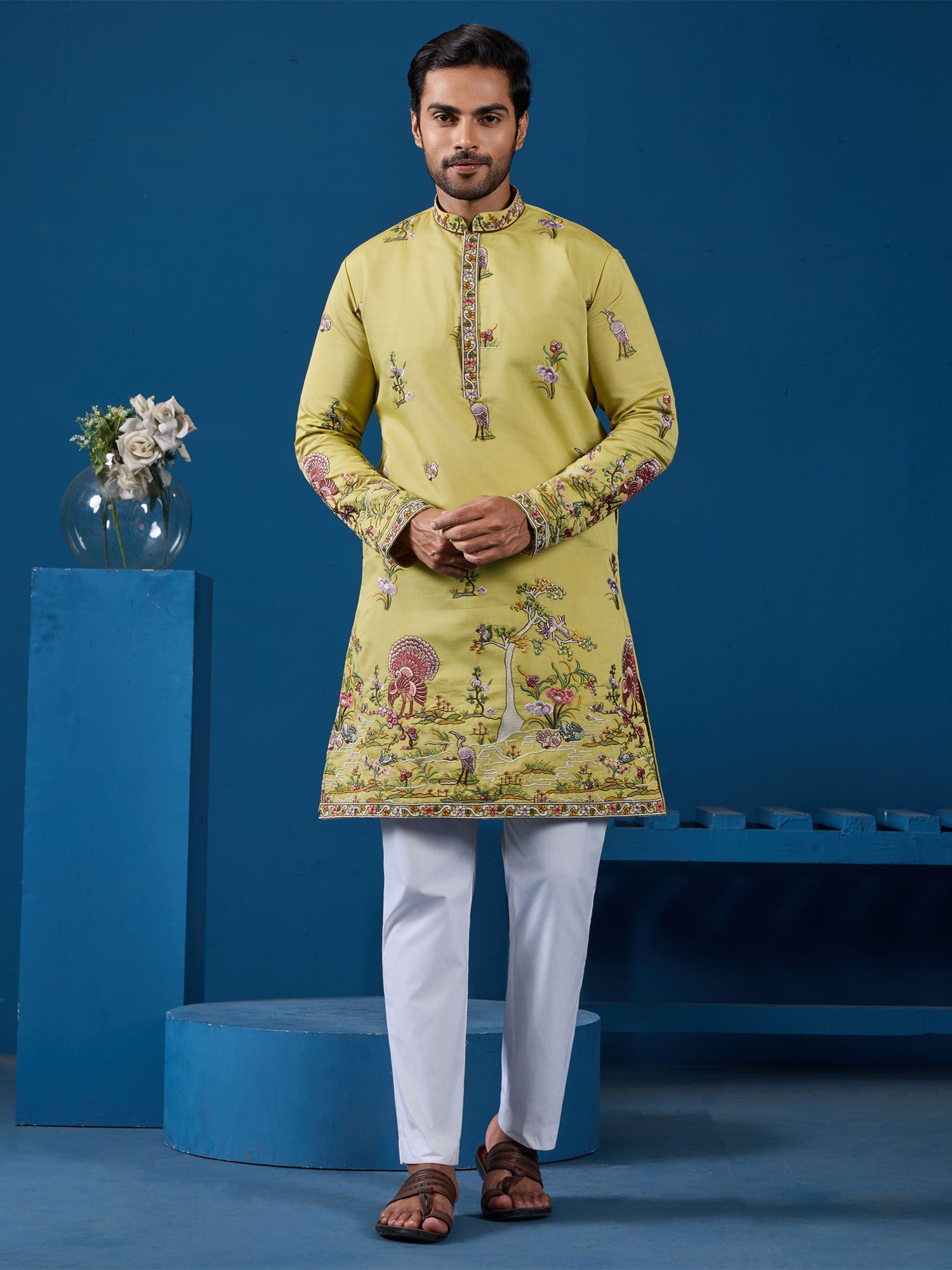 Green Readymade Kurta Set In Thread Embellishments