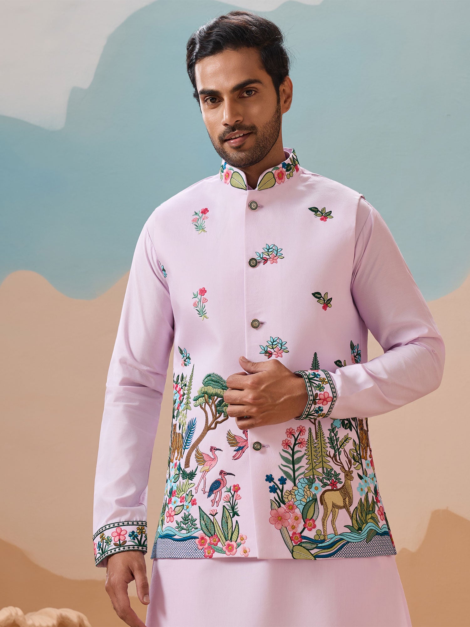 Light Lilac Festive Kurta Pyjama With Jacket