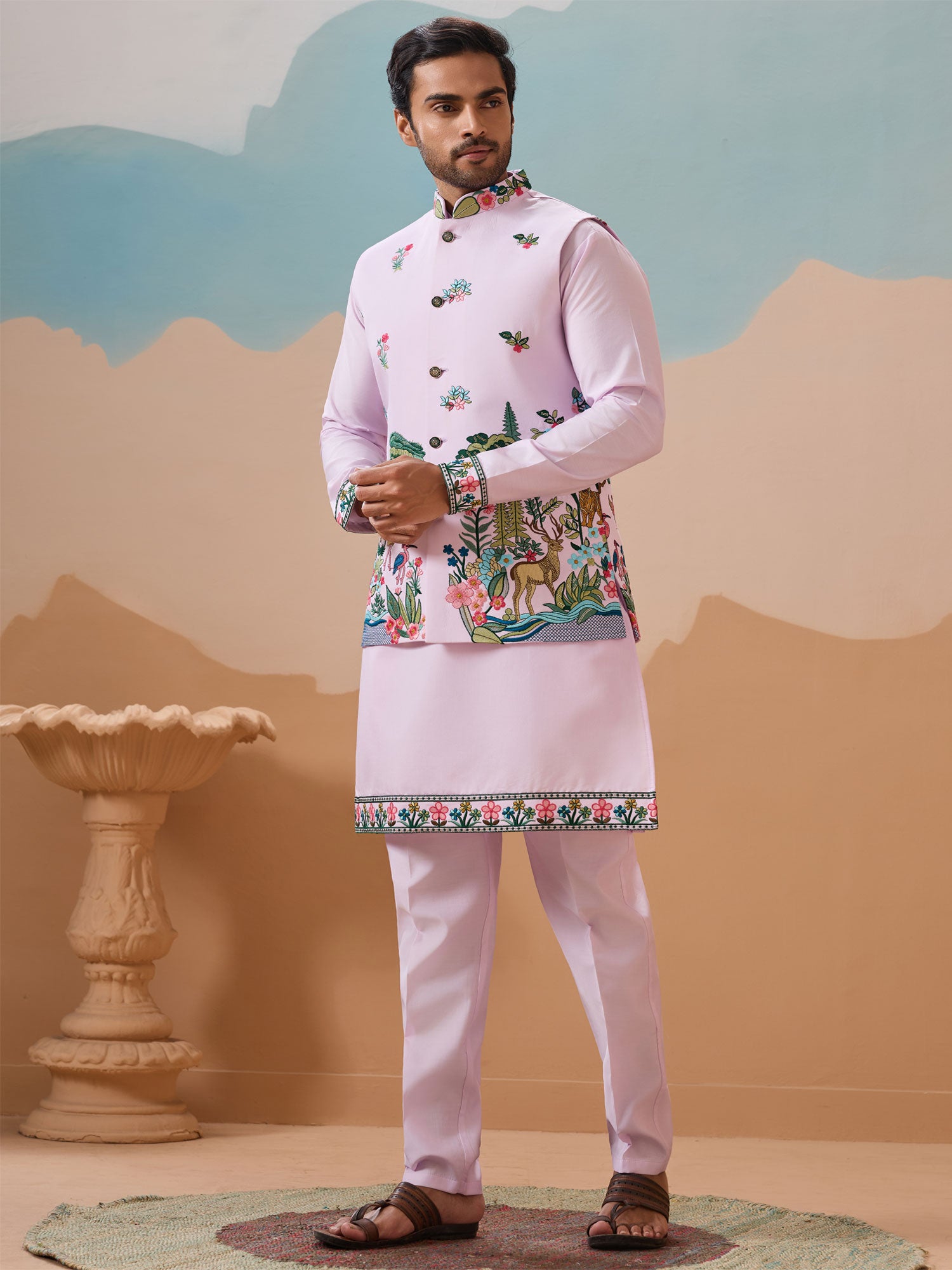 Light Lilac Festive Kurta Pyjama With Jacket