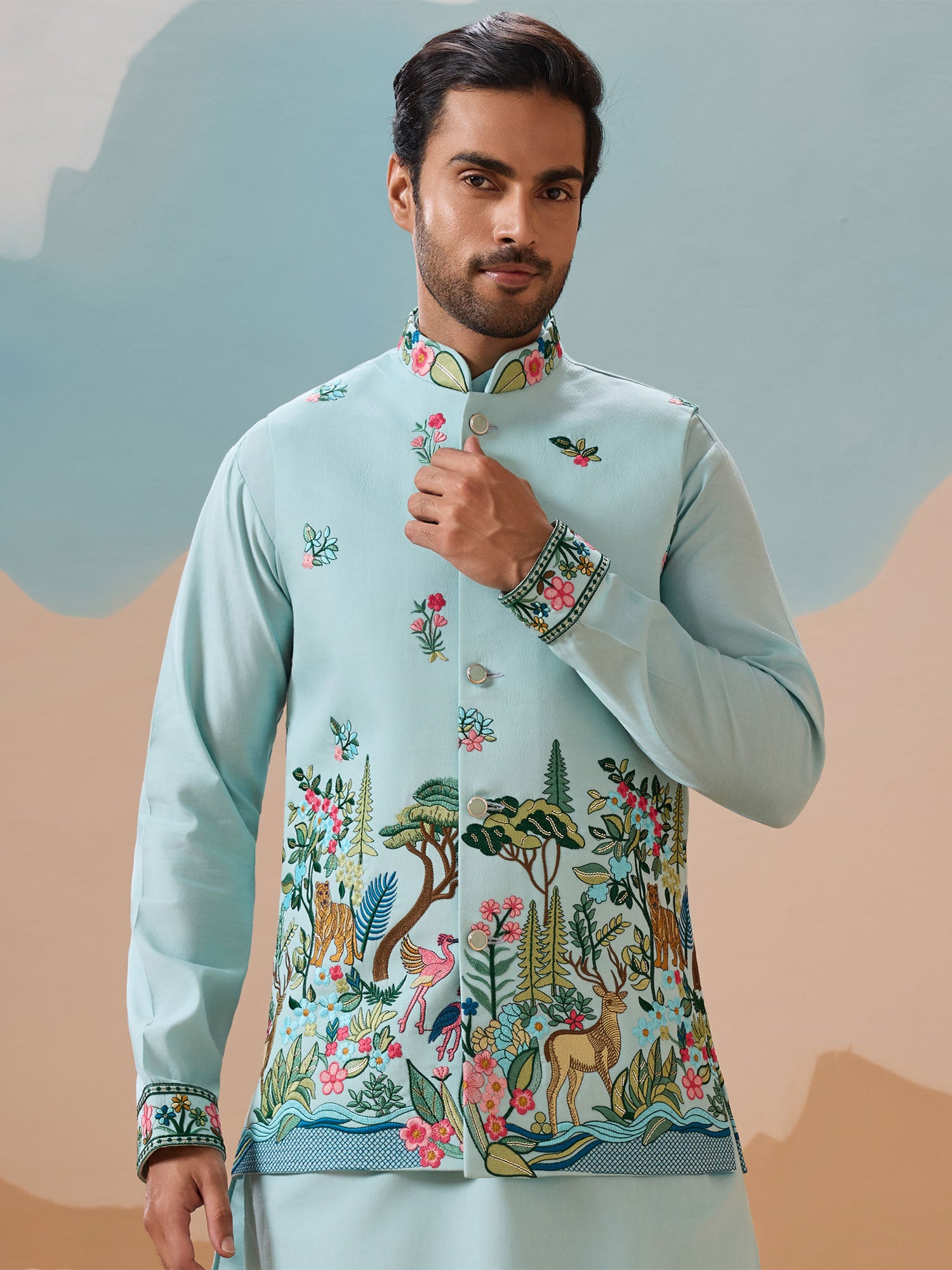 Sky Blue Men's Kurta Set With Nehru Jacket