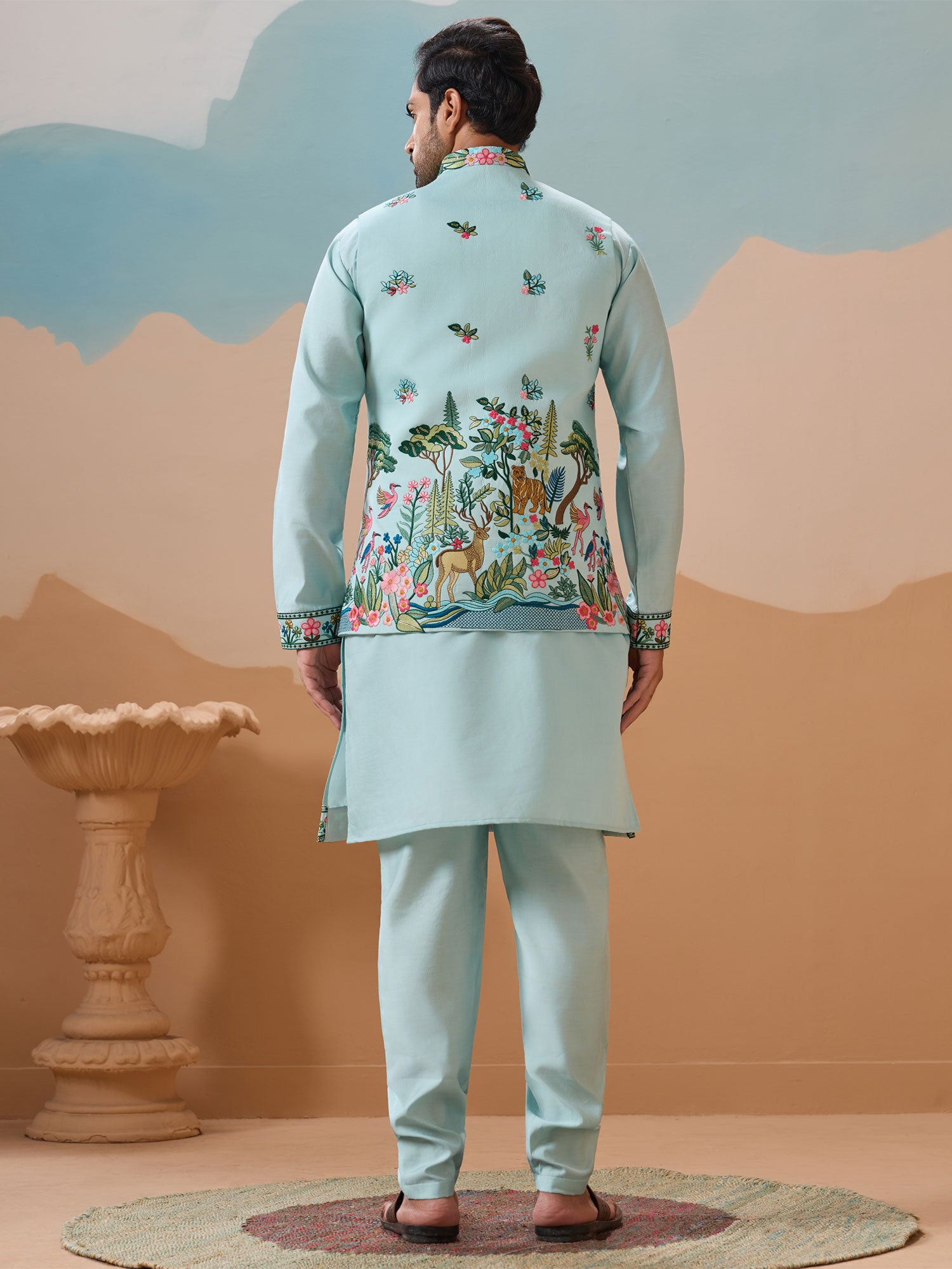 Sky Blue Men's Kurta Set With Nehru Jacket