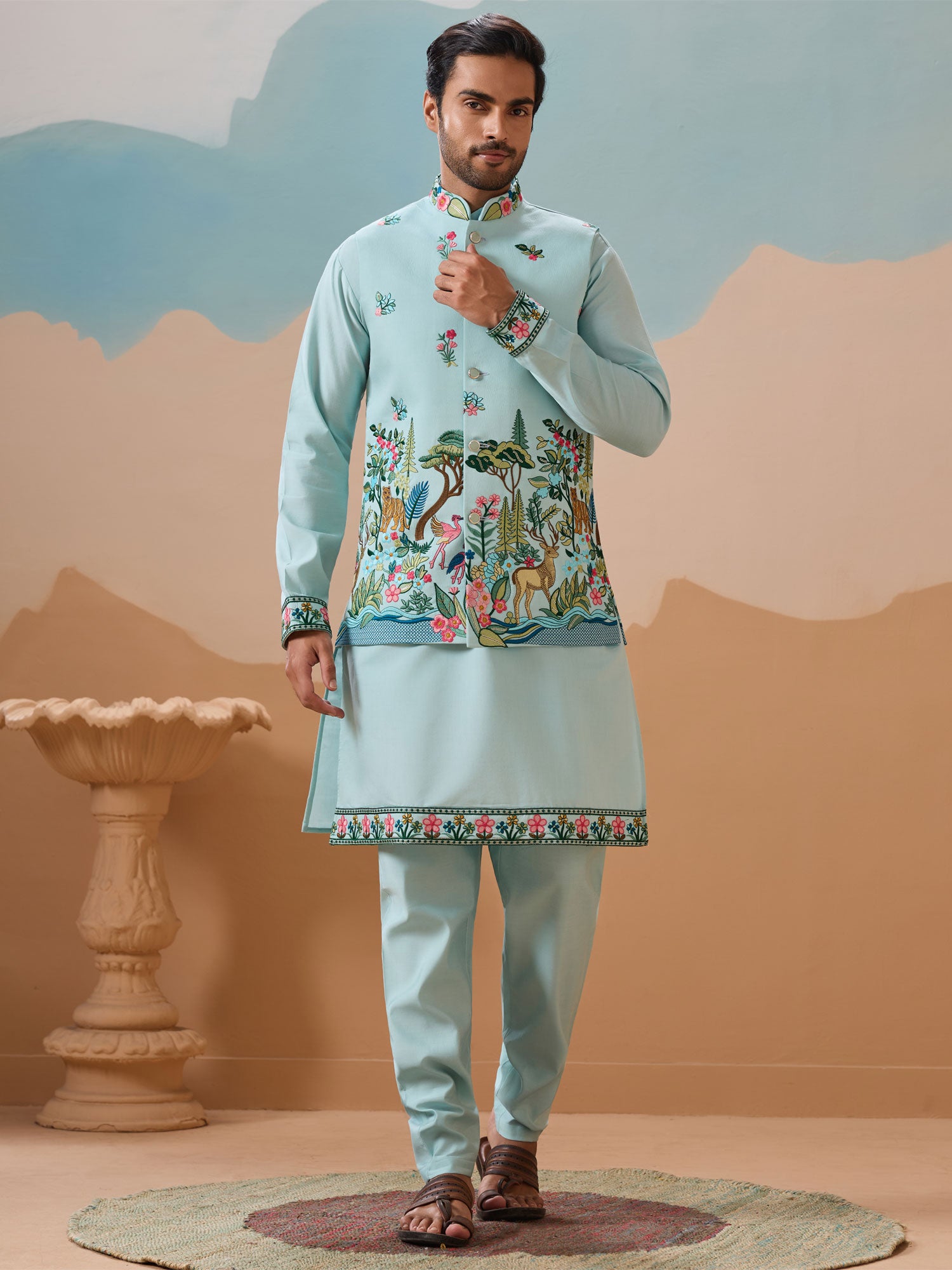 Sky Blue Men's Kurta Set With Nehru Jacket