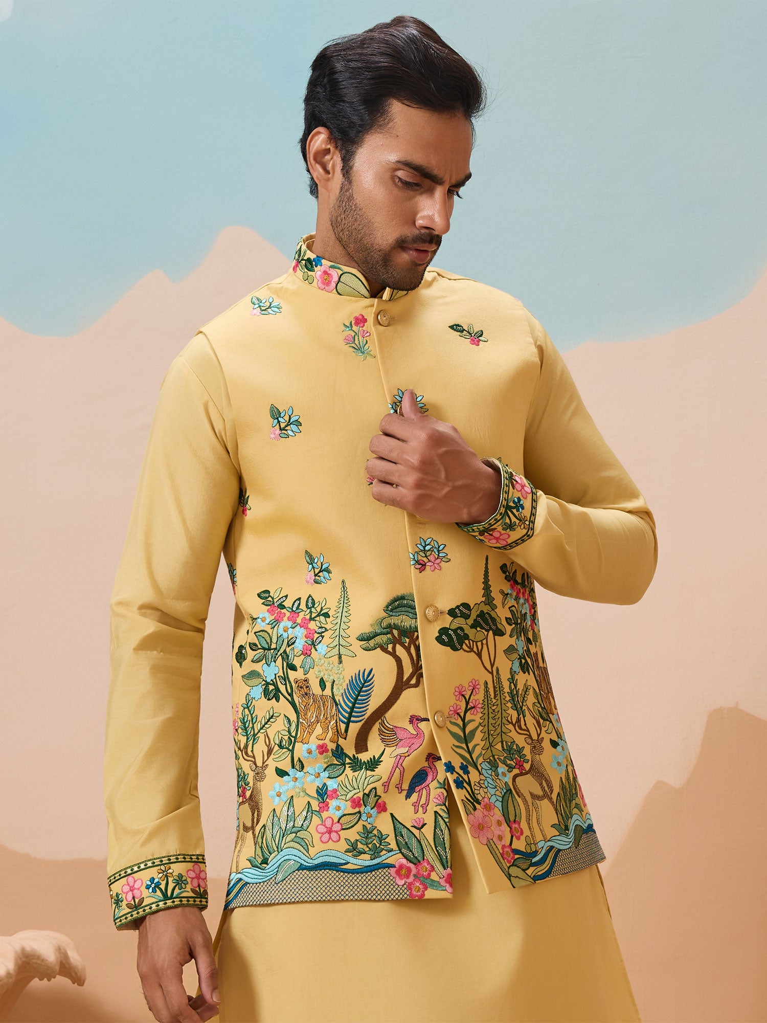Bright Yellow Readymade Kurta Pyjama In Silk