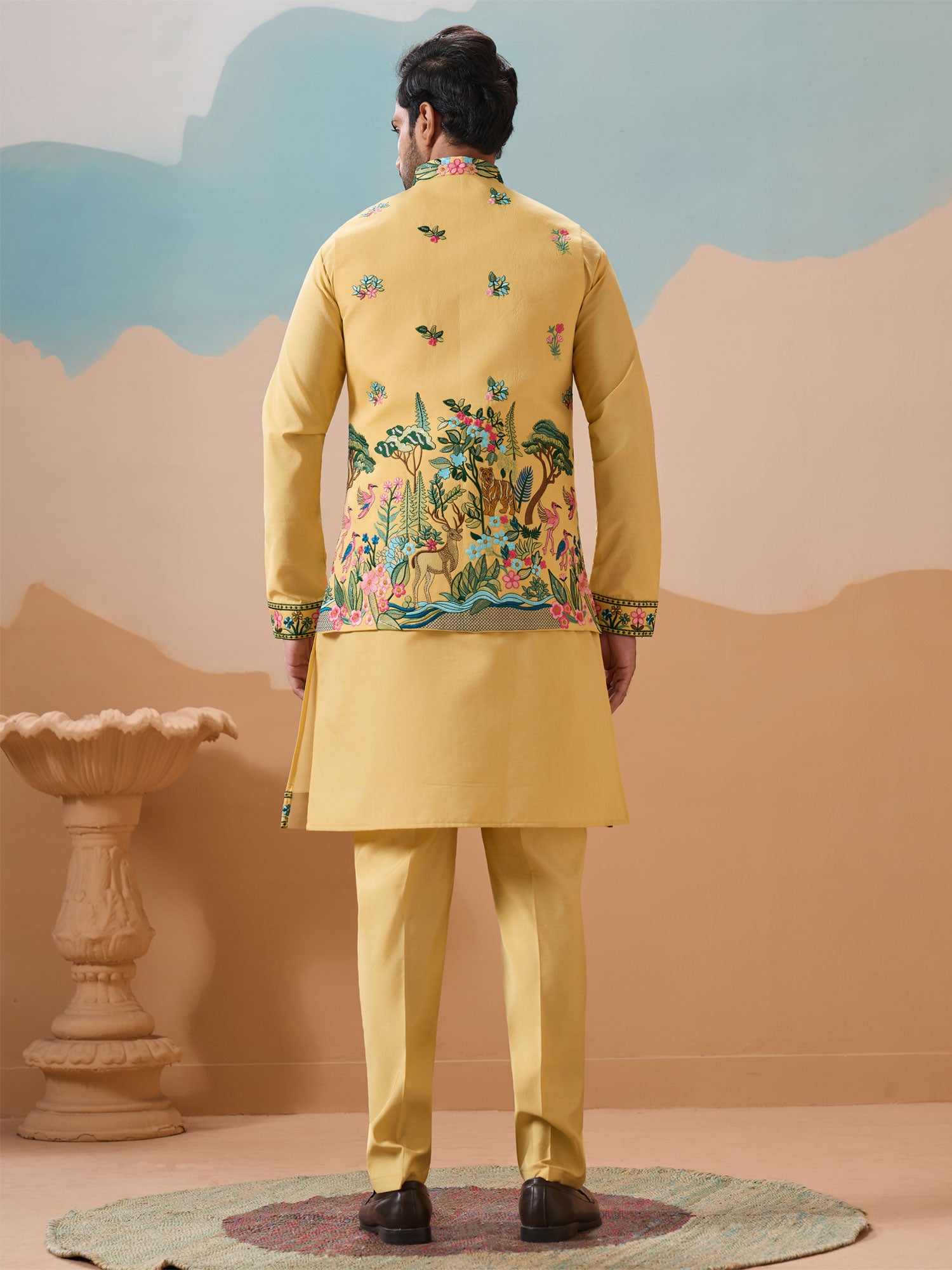 Bright Yellow Readymade Kurta Pyjama In Silk