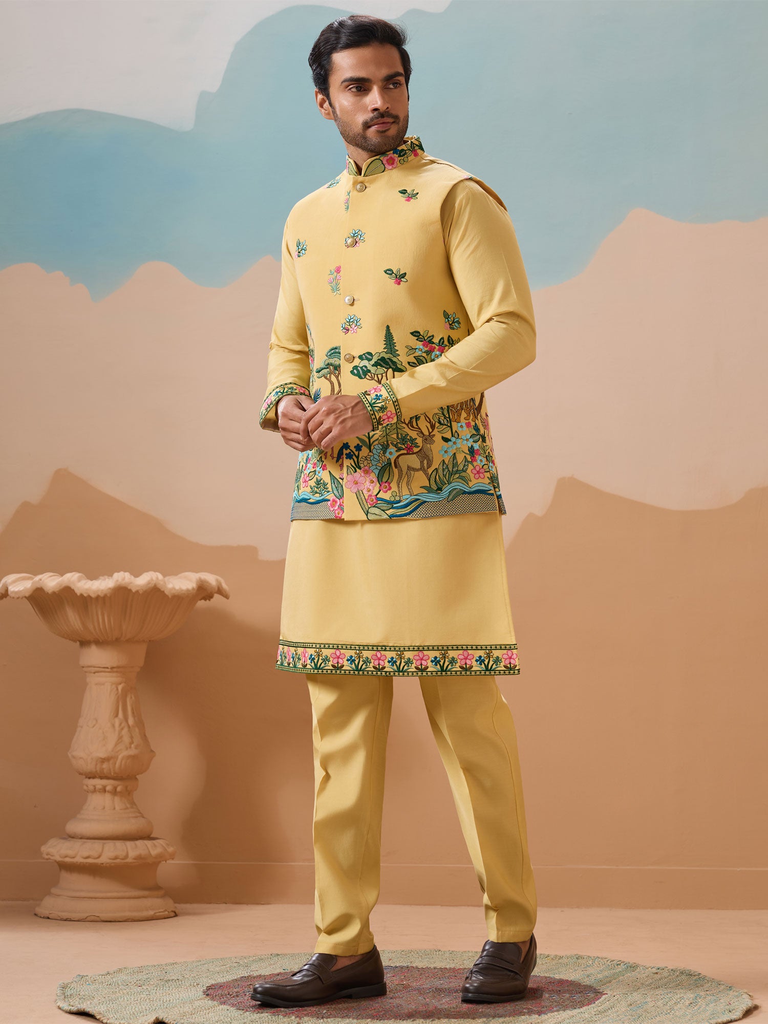 Bright Yellow Readymade Kurta Pyjama In Silk