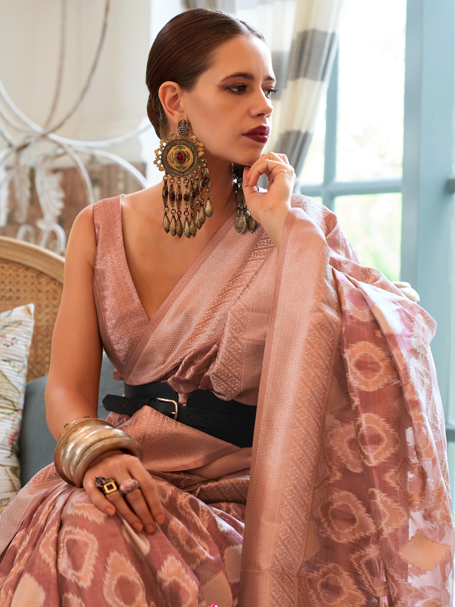 Kalki Koechlin Peach Festive Saree In Silk