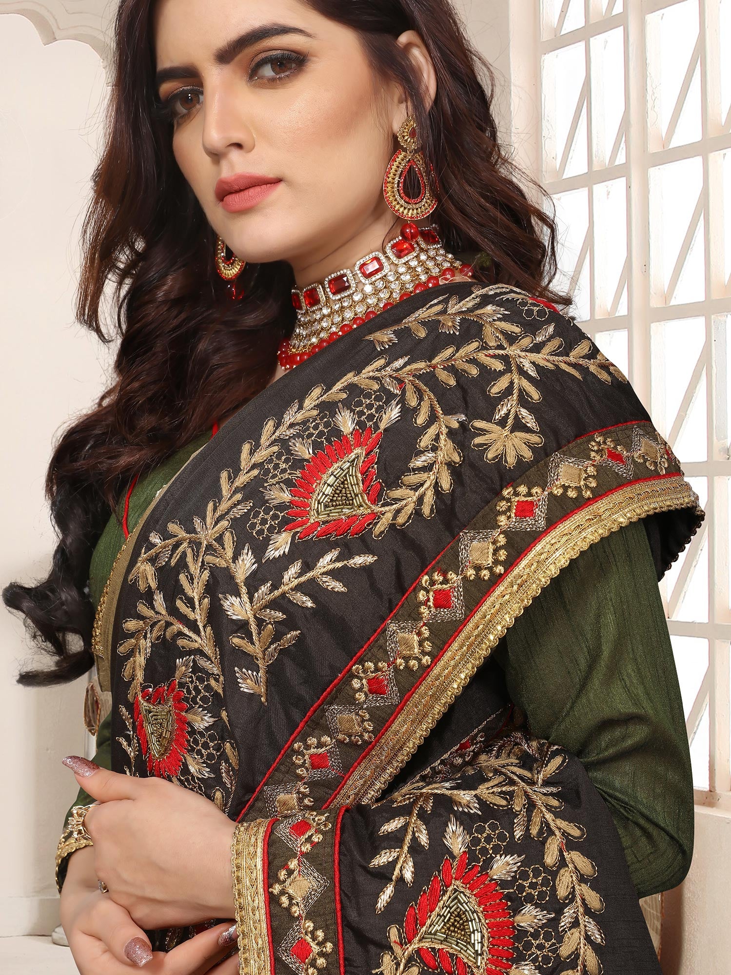 Green Zari Embroidered Saree In Art Silk