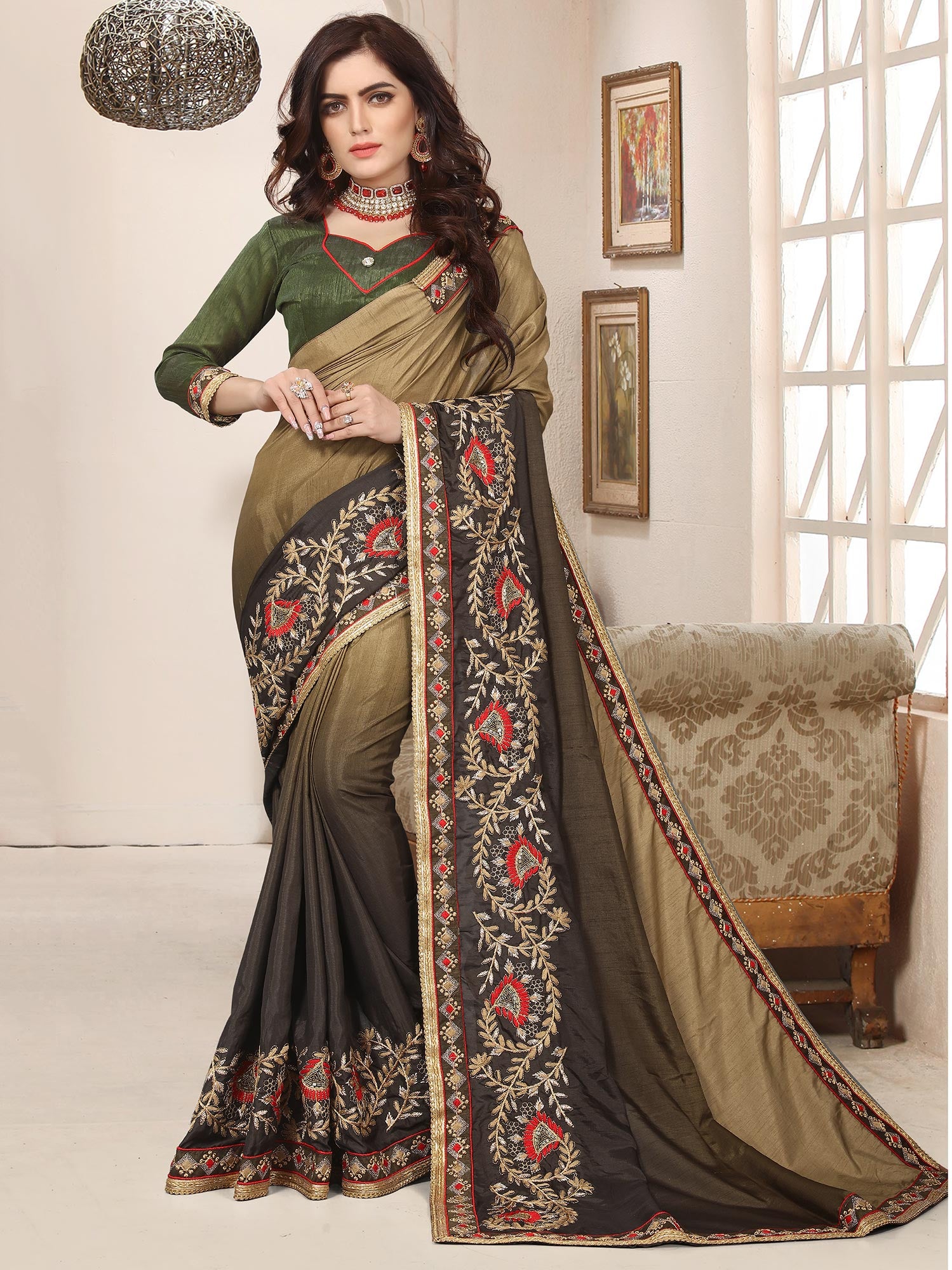 Green Zari Embroidered Saree In Art Silk