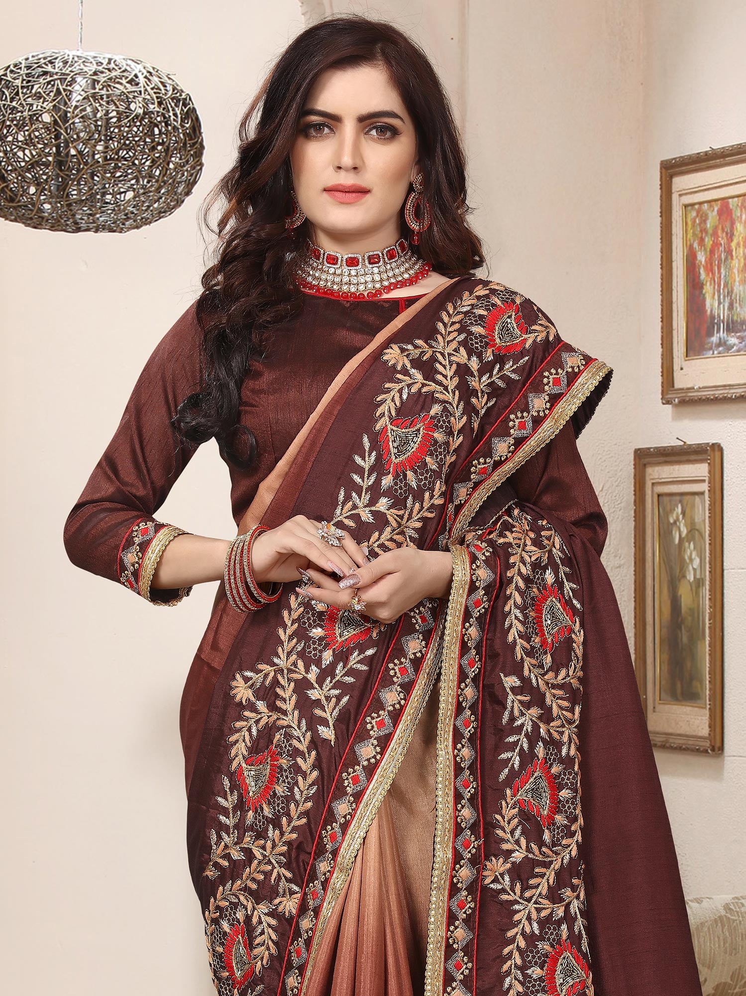 Brown Embroidered Art Silk Saree With Blouse