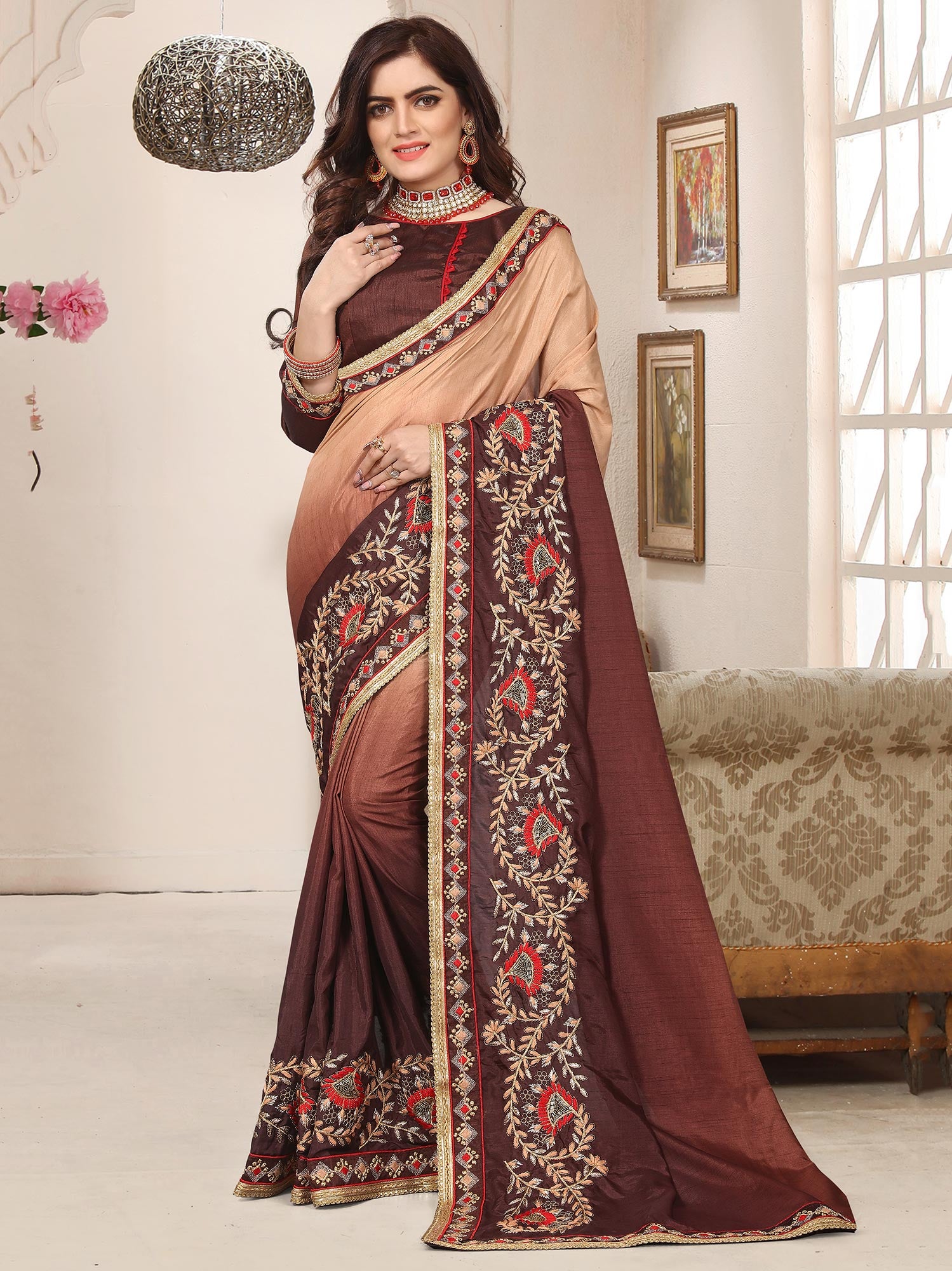 Brown Embroidered Art Silk Saree With Blouse