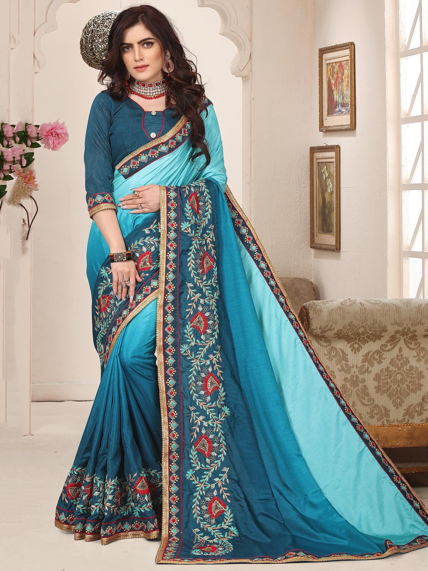 Blue Silk Saree With Zari Embroidery