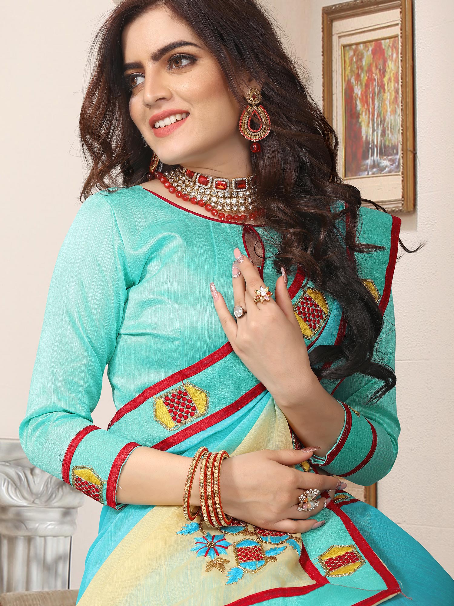 Blue Thread Embroidered Festive Saree In Art Silk