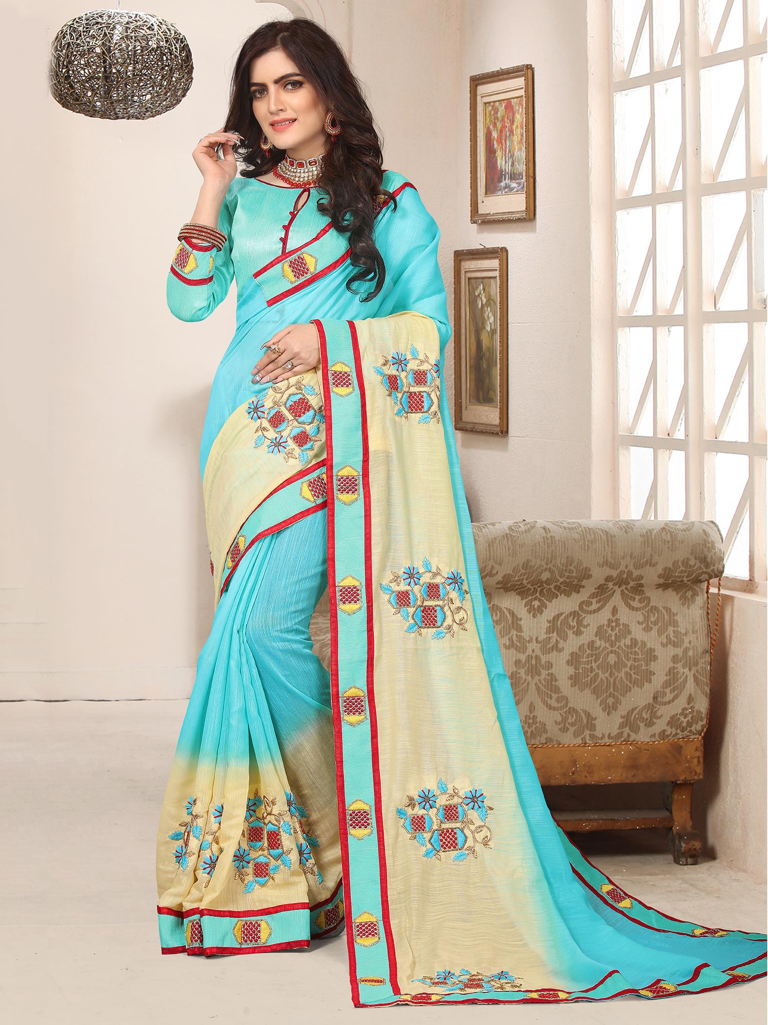 Blue Thread Embroidered Festive Saree In Art Silk
