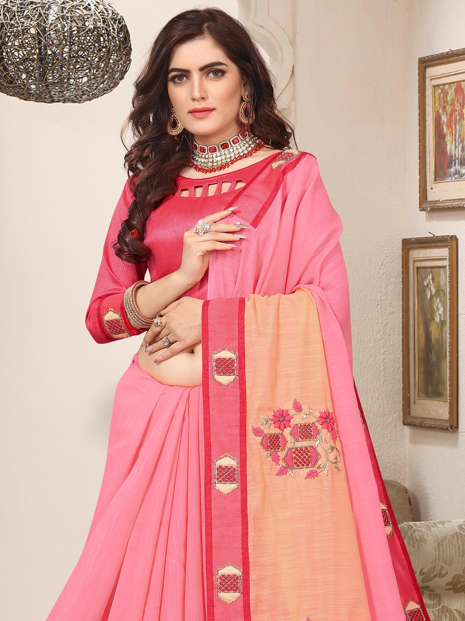 Pink Thread Embroidered Saree In Art Silk