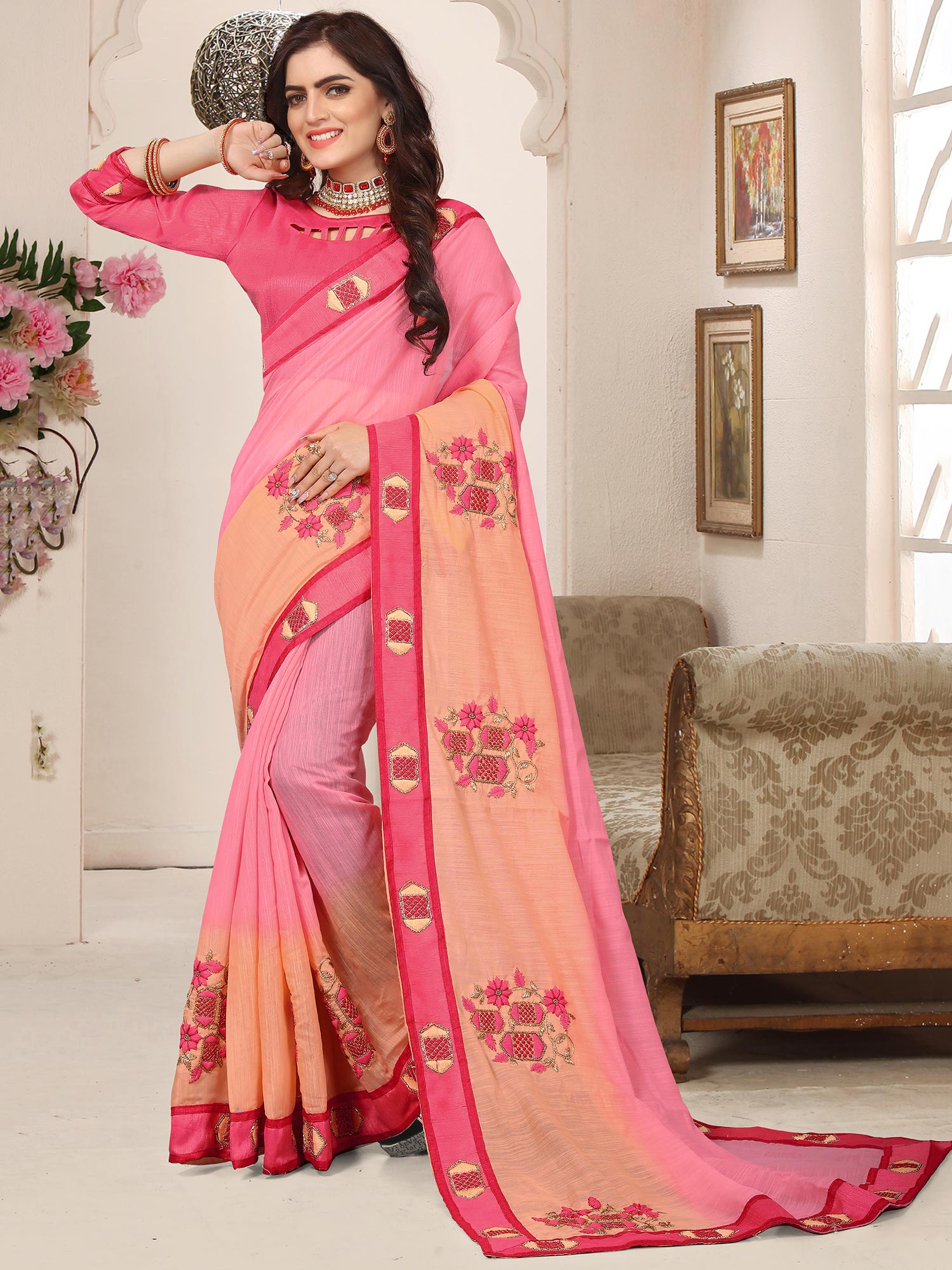 Pink Thread Embroidered Saree In Art Silk