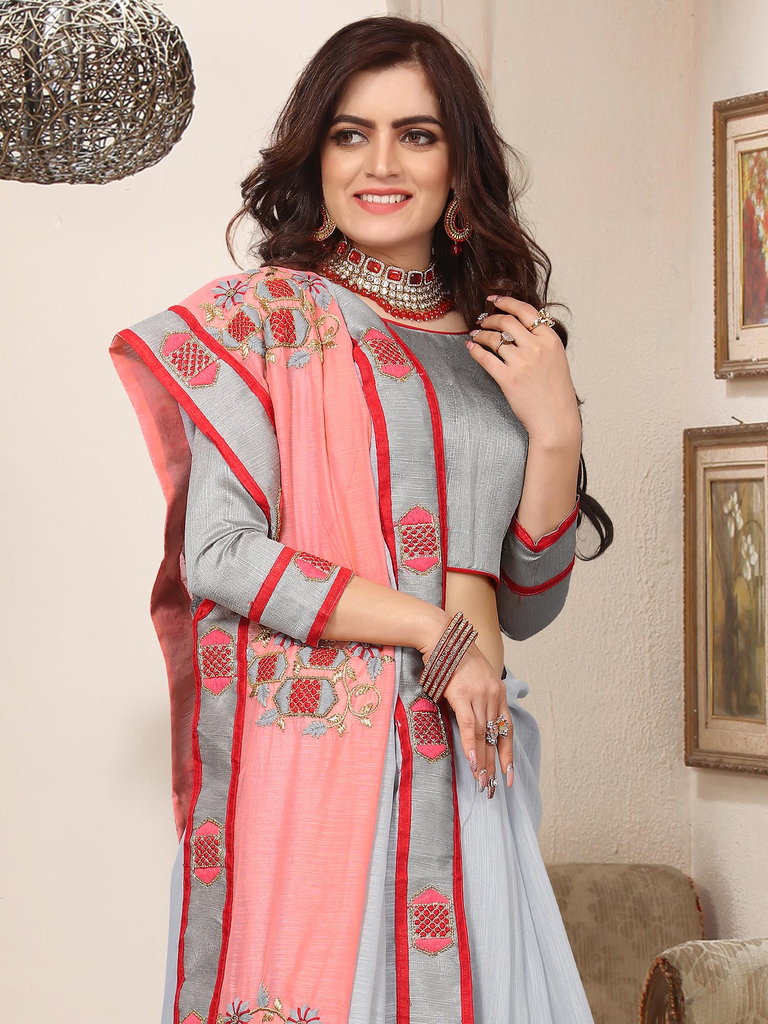 Grey And Peach Embroidered Saree In Silk