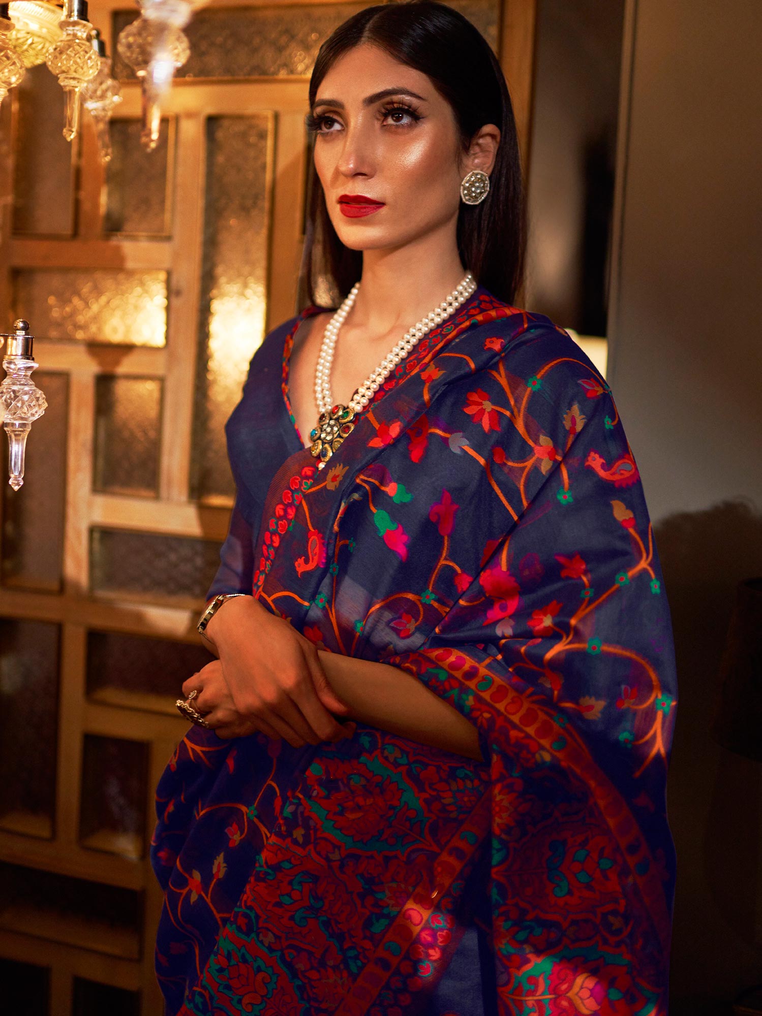 Blue Floral Woven Festive Saree In Silk