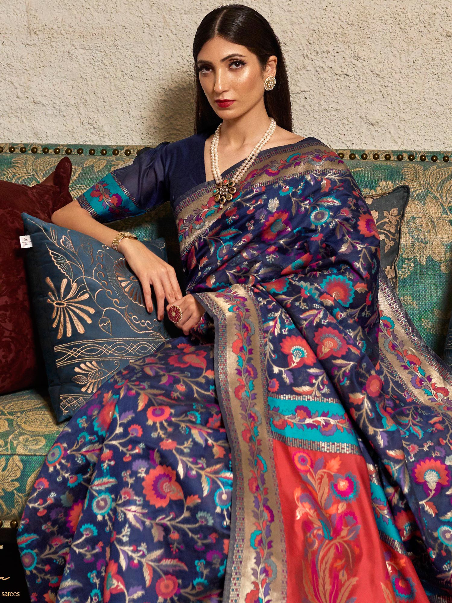Blue Festive Silk Saree With Floral Weaves