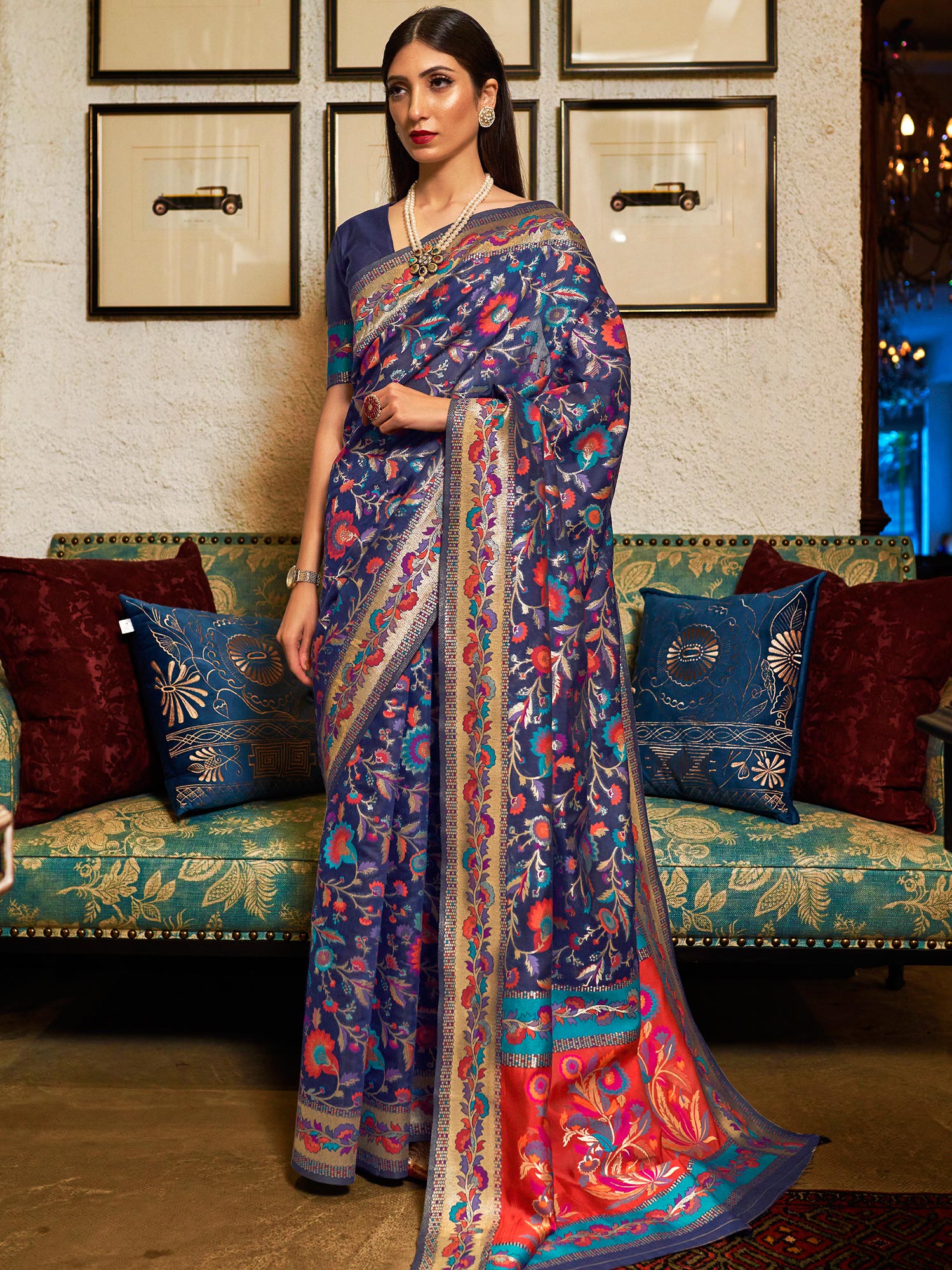 Blue Festive Silk Saree With Floral Weaves